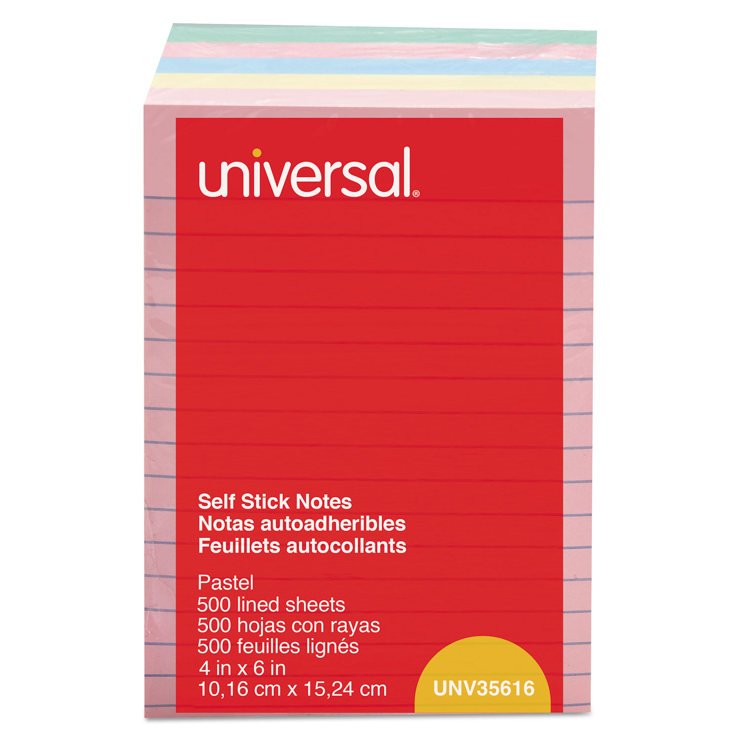  Universal UNV35616 Self-Stick Note Pads, 4 x 6, Lined, Assorted Pastel Colors, 100-Sheet, 5/PK (UNV35616) 