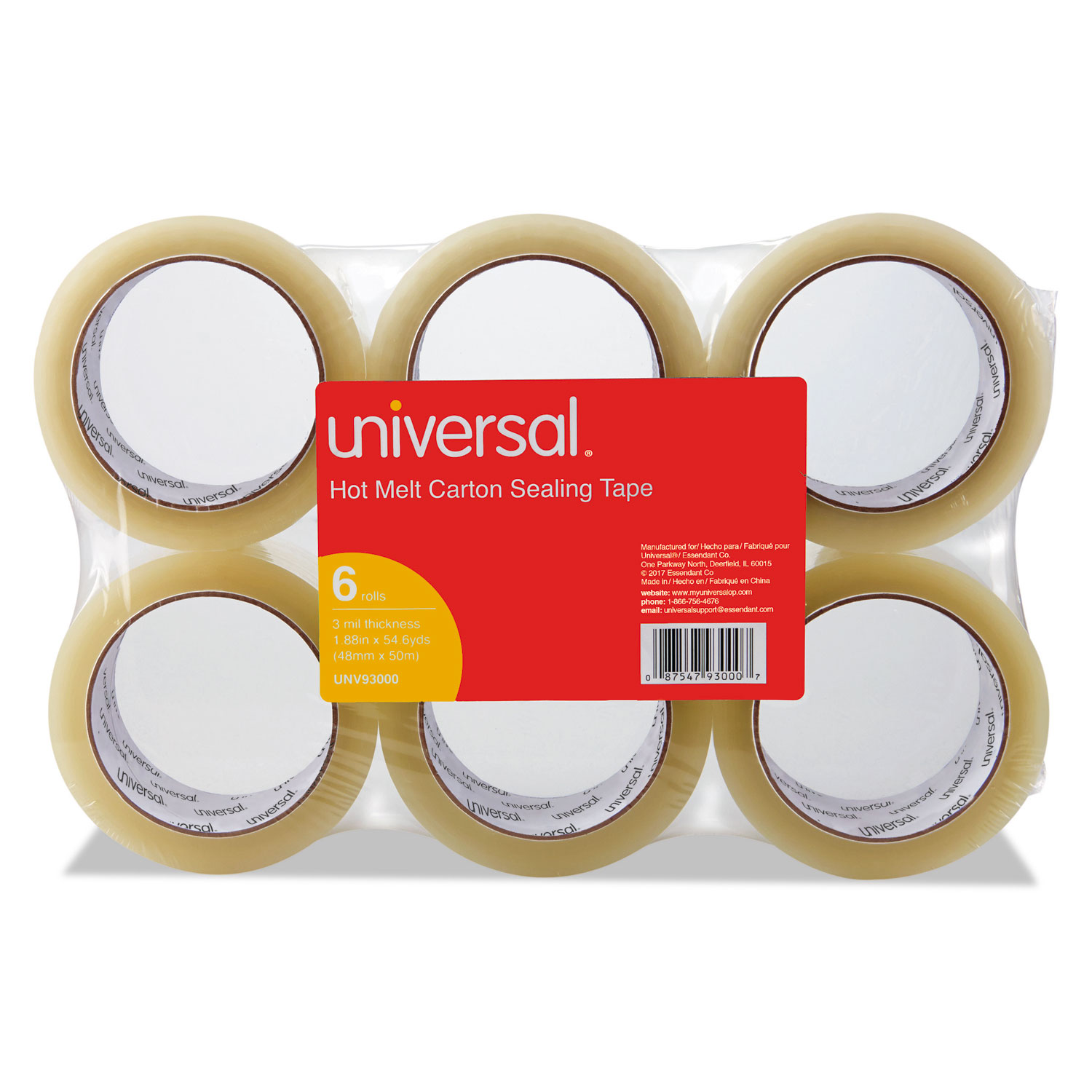  Universal UNV93000 Heavy-Duty Box Sealing Tape, 3 Core, 1.88 x 54.6 yds, Clear, 6/Box (UNV93000) 