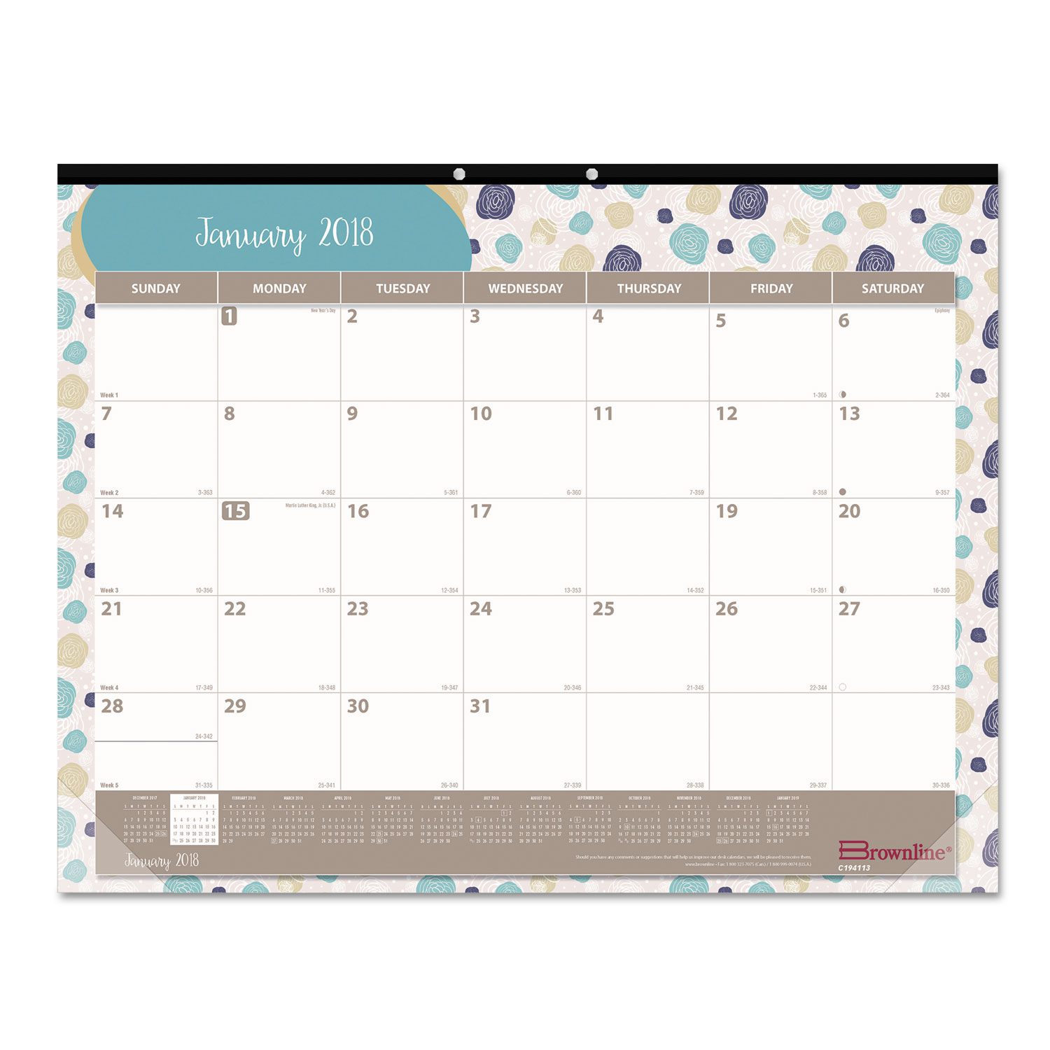 Monthly Deskpad Calendar, Chipboard, Begonia, 22 x 17, 2018
