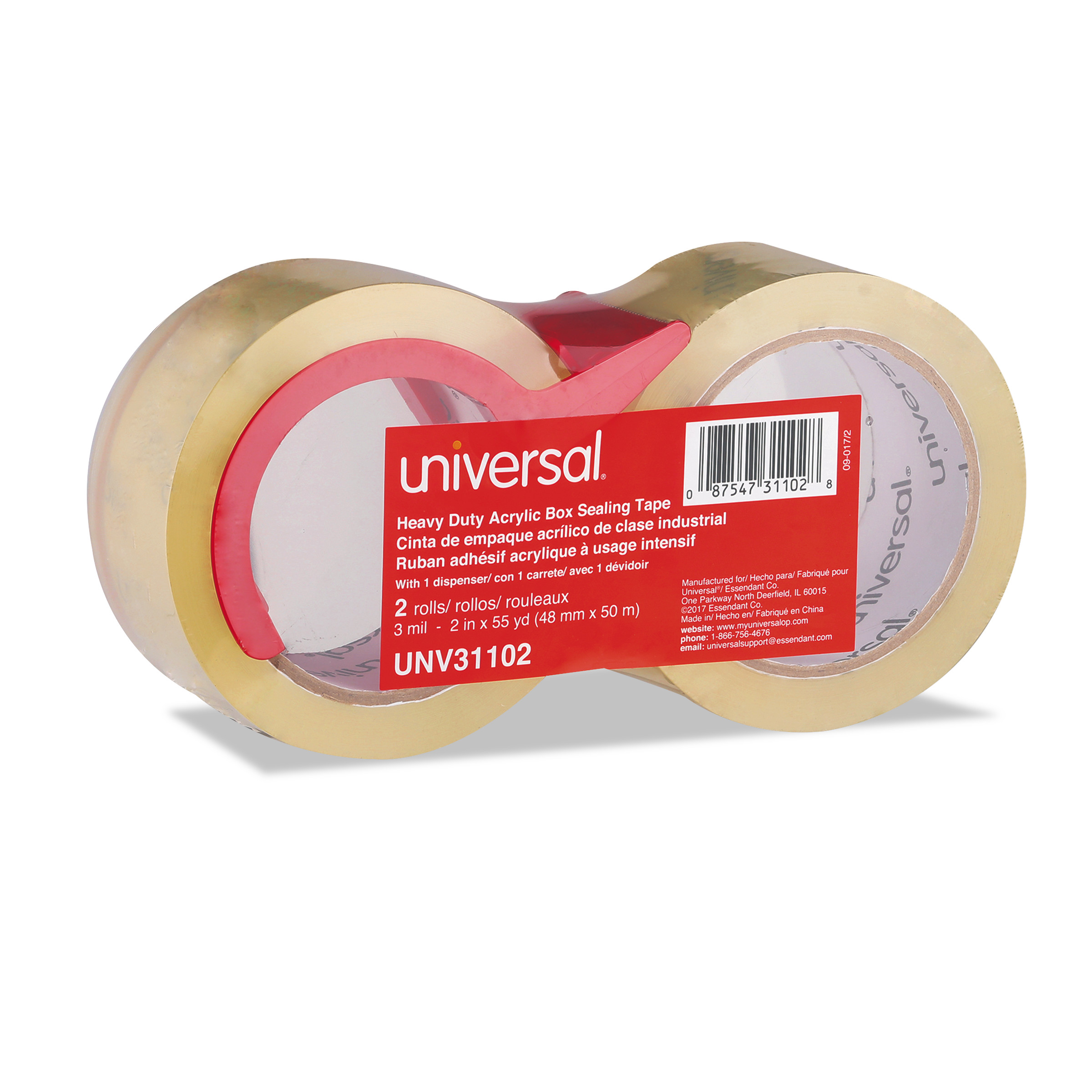  Universal UNV31102 Heavy-Duty Acrylic Box Sealing Tape with Dispenser, 3 Core, 1.88 x 54.6 yds, Clear, 2/Pack (UNV31102) 