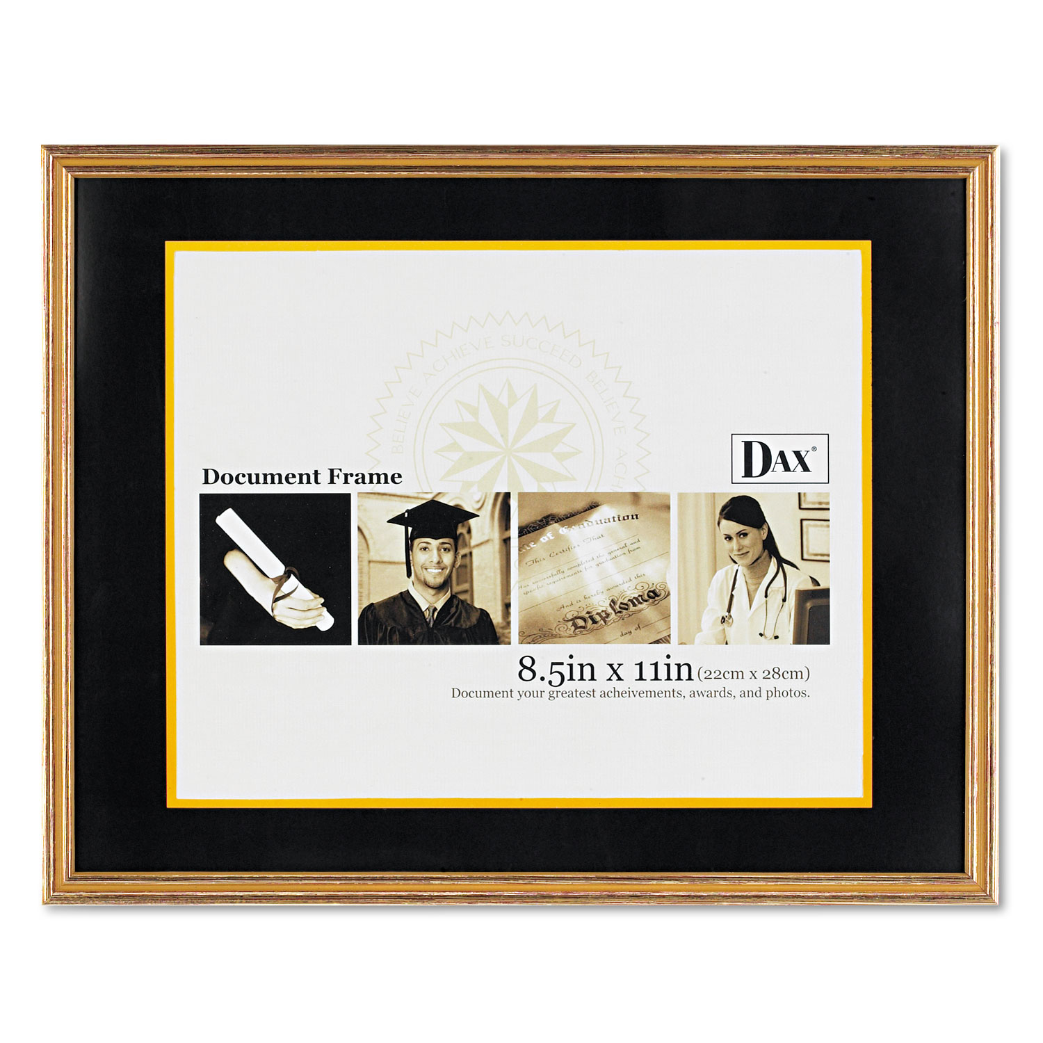 Hardwood Document/Certificate Frame w/Mat, 11 x 14, 8 1/2 x 11, Antiqued Gold