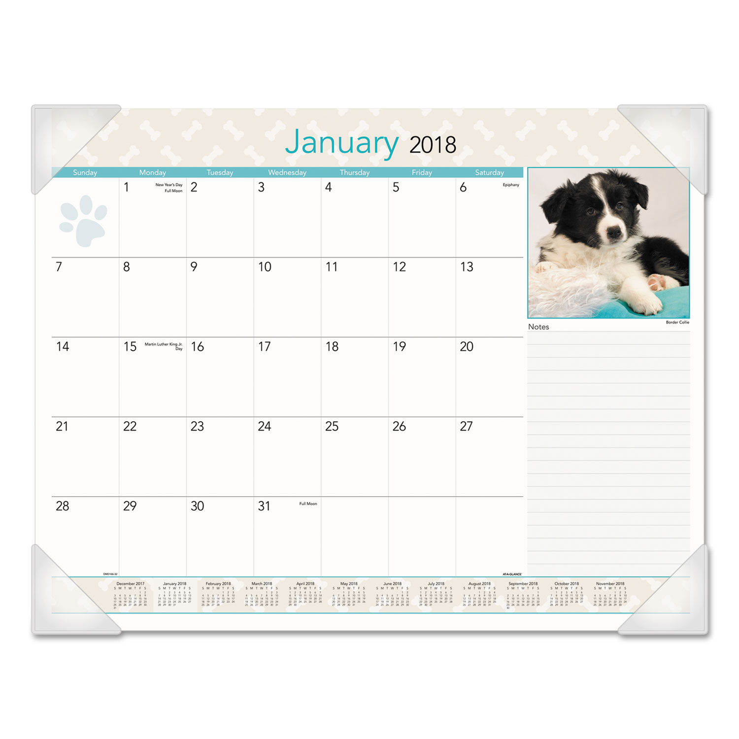 Puppies Monthly Desk Pad Calendar, 22 x 17, 2018