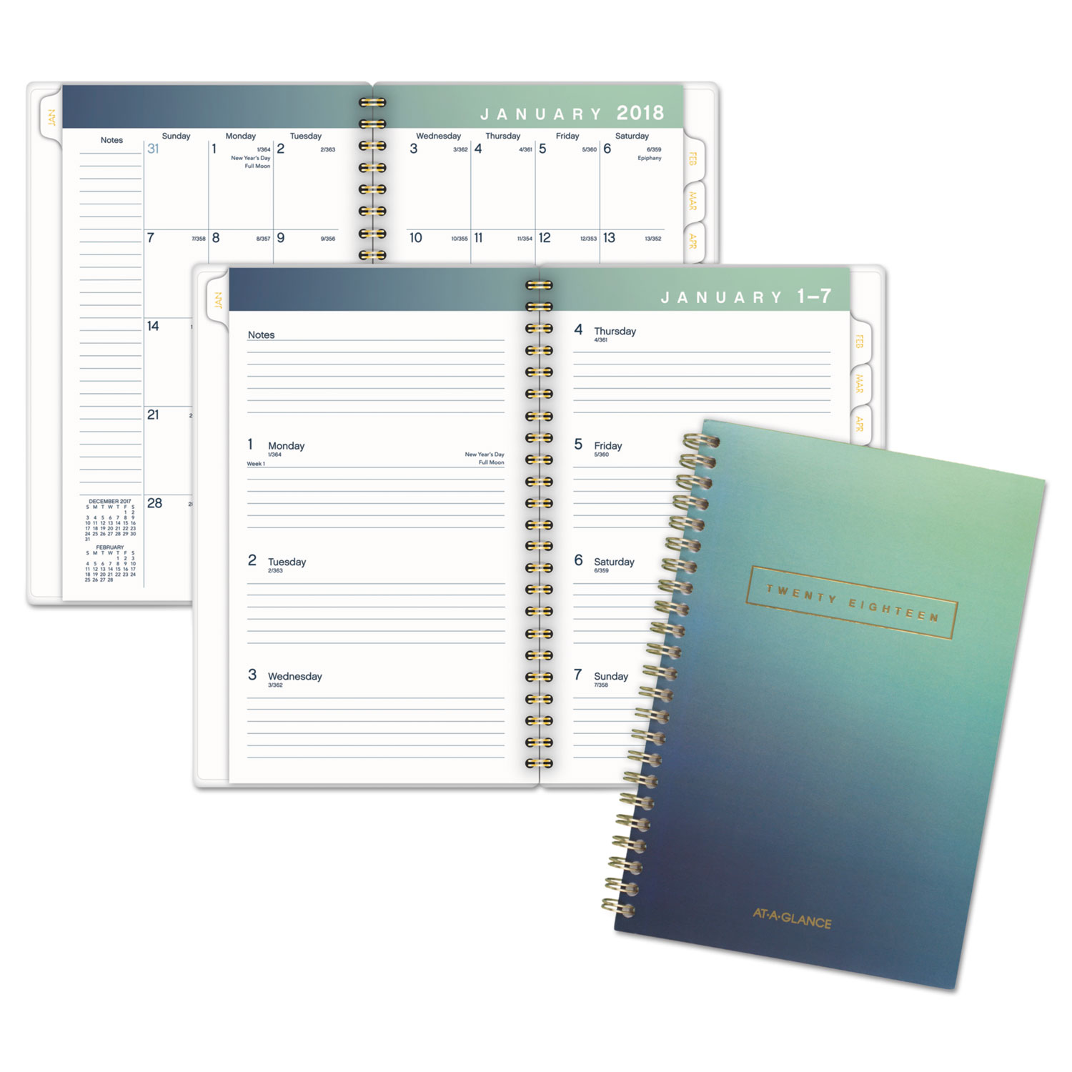 Aurora Day Weekly/Monthly Planners, 4 1/2 x 8, Blue Ombre, 2018, 12-Month