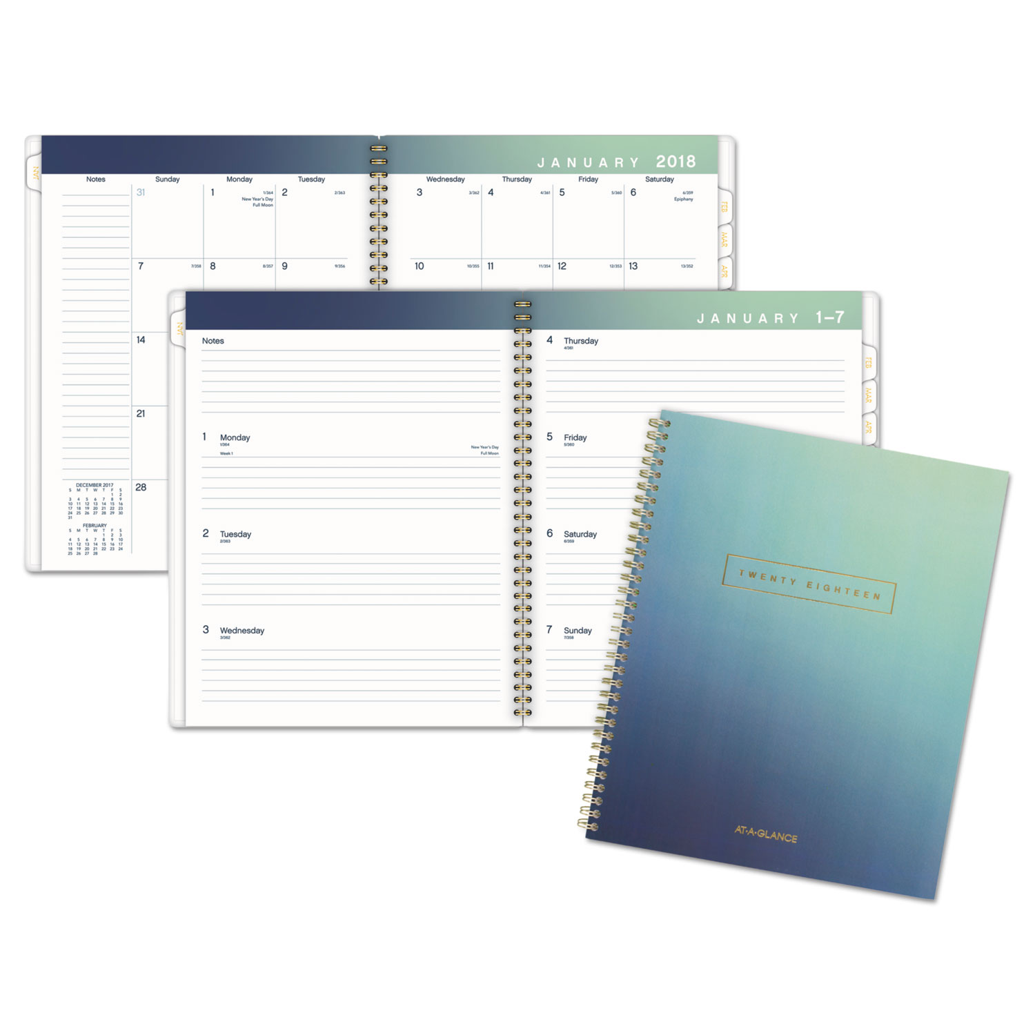 Aurora Day Weekly/Monthly Planners, 8 1/2 x 11, Blue Ombre, 2018, 12-Month