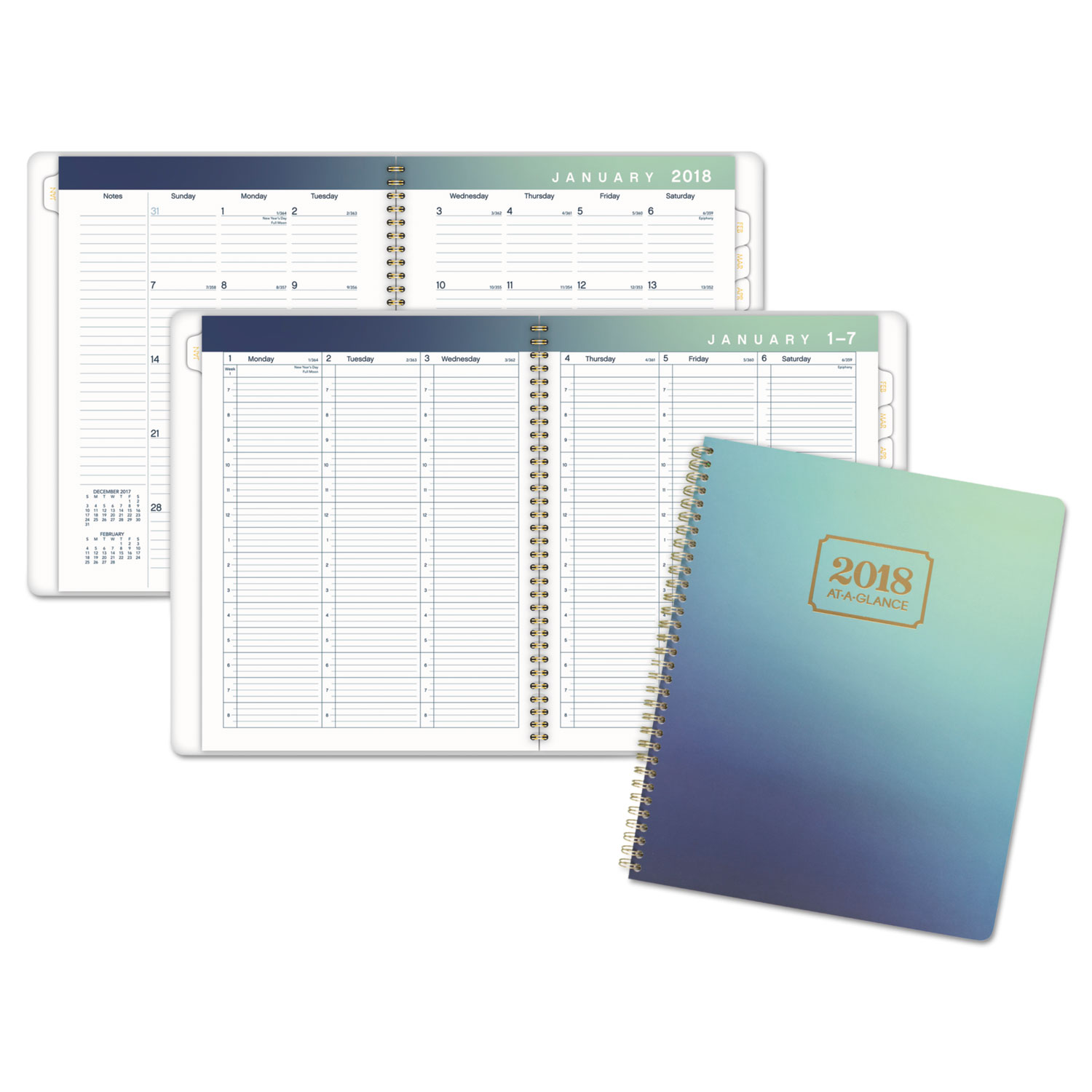 Aurora Day Weekly/Monthly Planners, 8 1/2 x 11, Blue Ombre, 2018, 13-Month