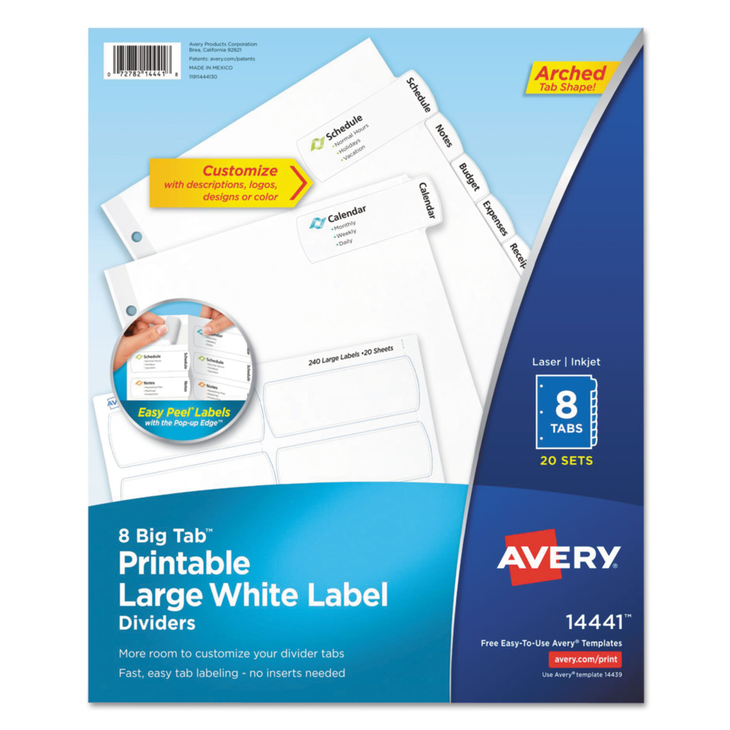 Big Tab Printable Large White Label Tab Dividers, 8-Tab, Letter, 20 per pack