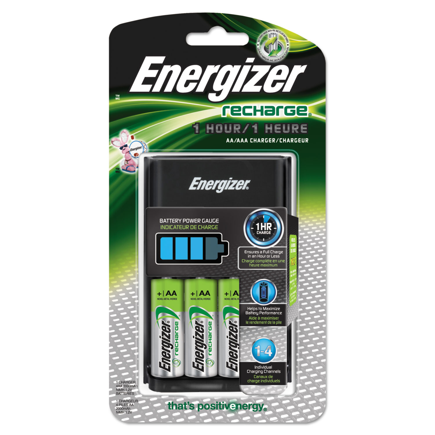 Energizer CH1HRWB-4 Recharge 1 Hour Charger, AA or AAA NiMH Batteries, 3 per carton (EVECH1HRWB4) 