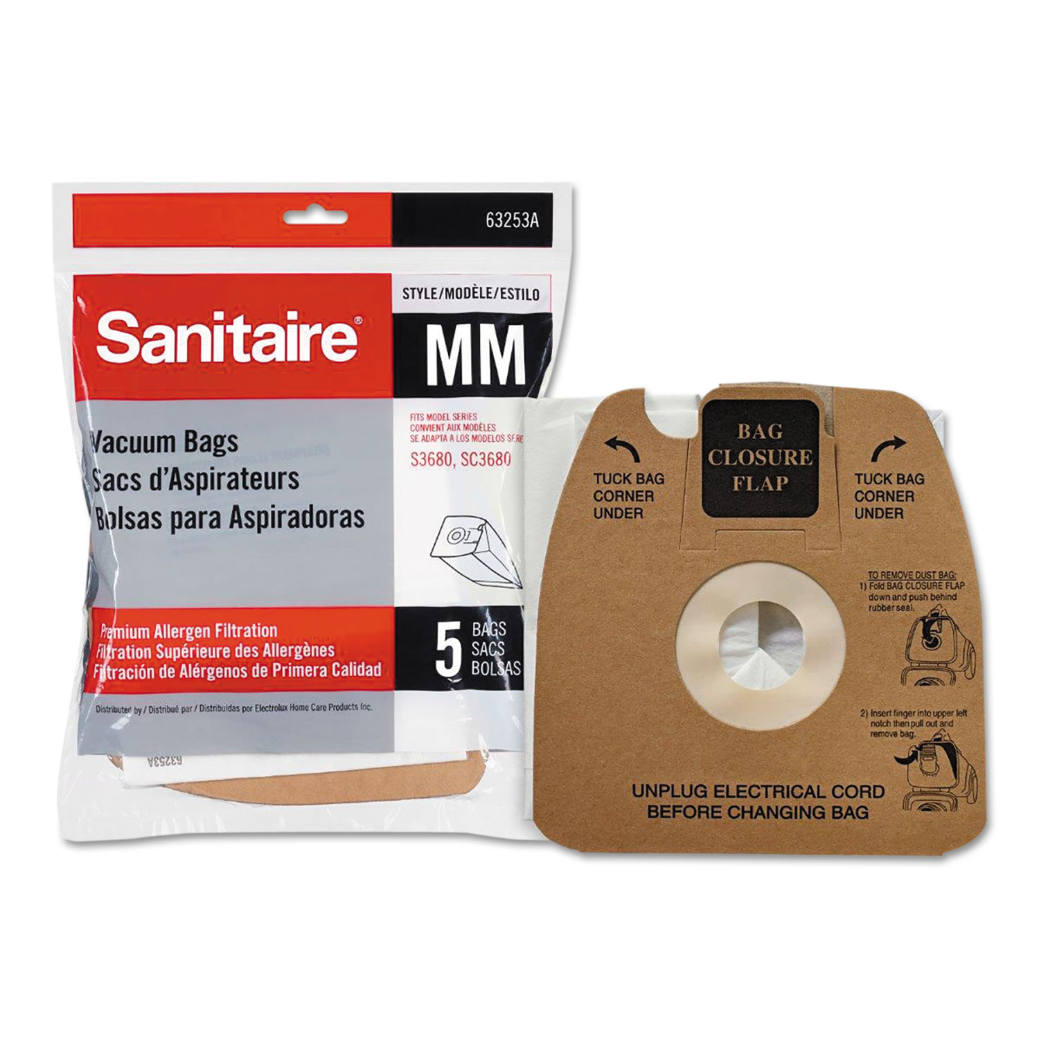  Sanitaire 63253A-10 Style MM Disposable Dust Bags w/Allergen Filter for SC3683A/SC3683B, 5/PK (EUR63253A10) 