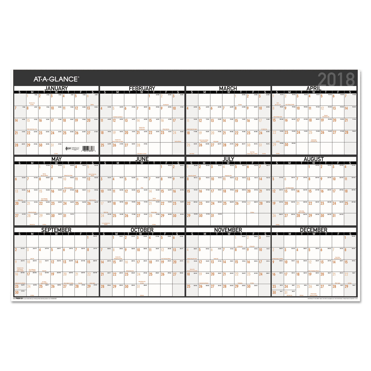 Contemporary Two-Sided Yearly Erasable Wall Planner, 24 x 36, 2018