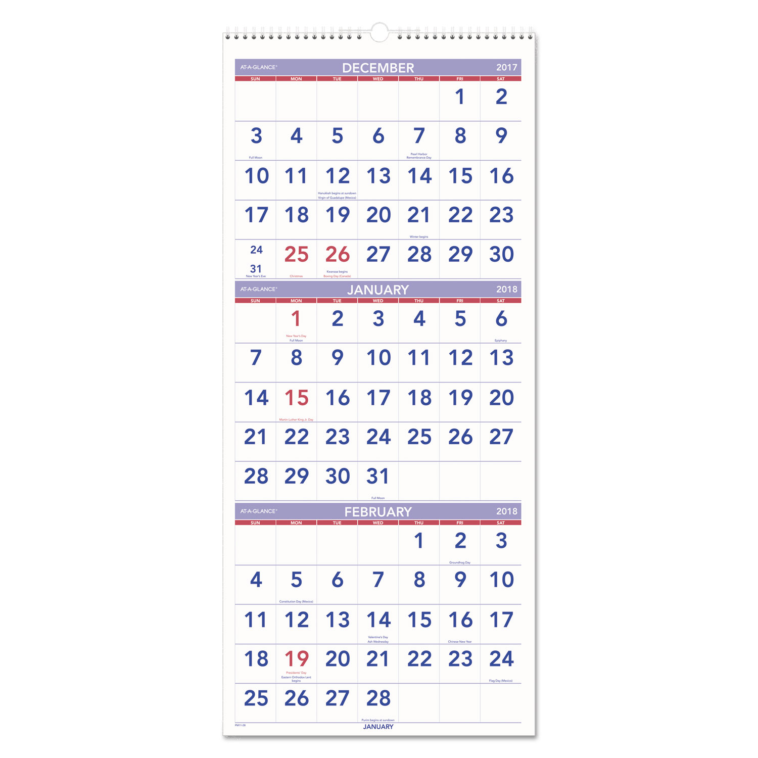 Vertical-Format Three-Month Reference Wall Calendar, 12 x 27, 2017-2019