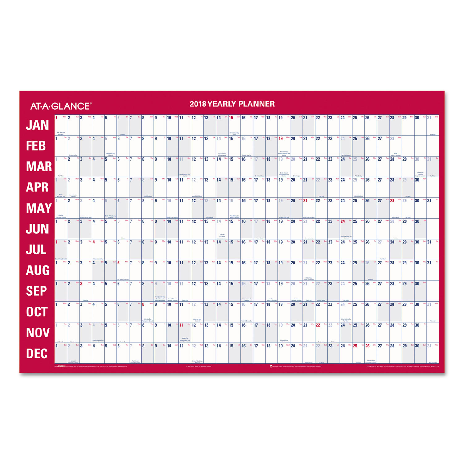 Horizontal Erasable Wall Planner, 36 x 24, White/Red, 2018
