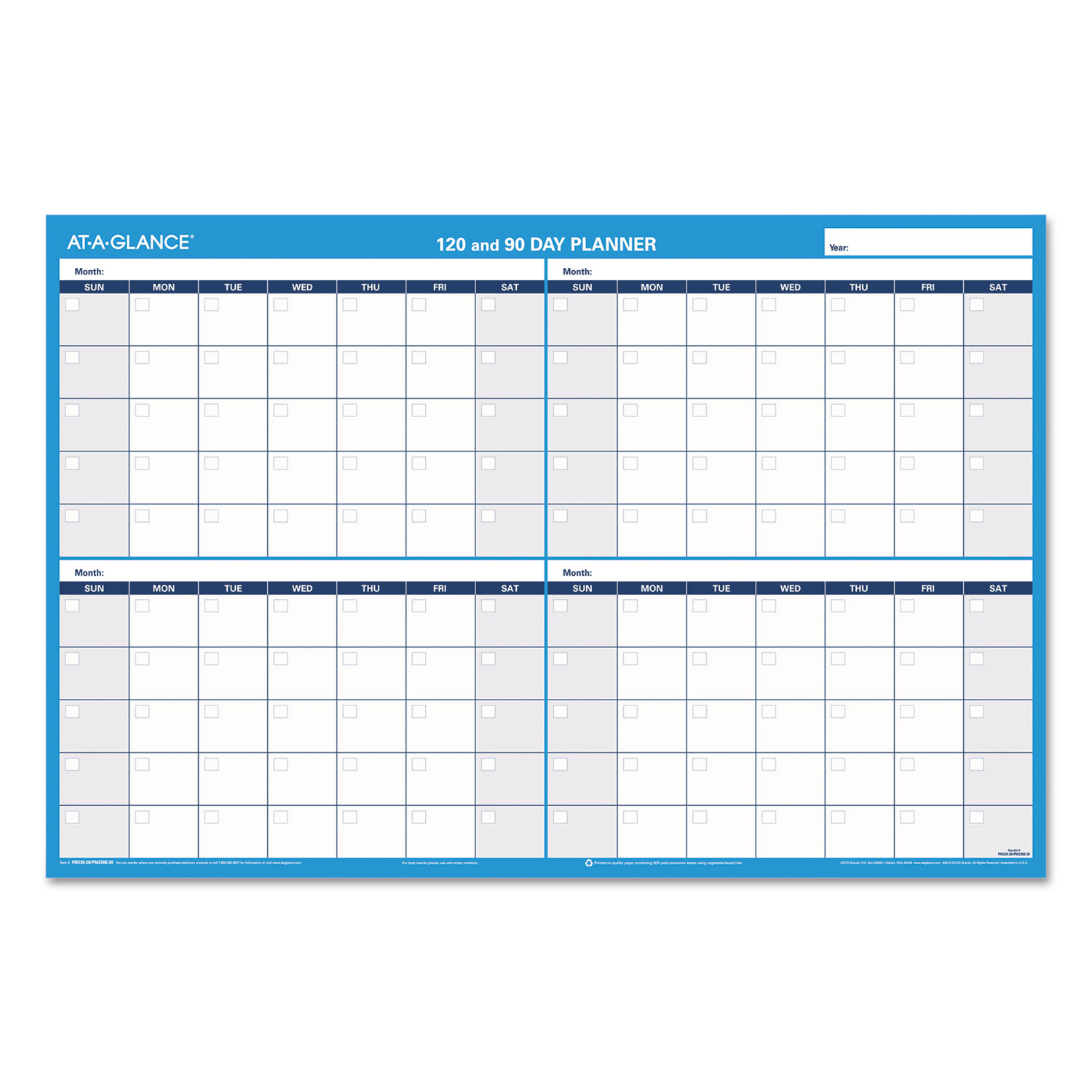 90/120-Day Undated Horizontal Erasable Wall Planner, 36 x 24, White/Blue,
