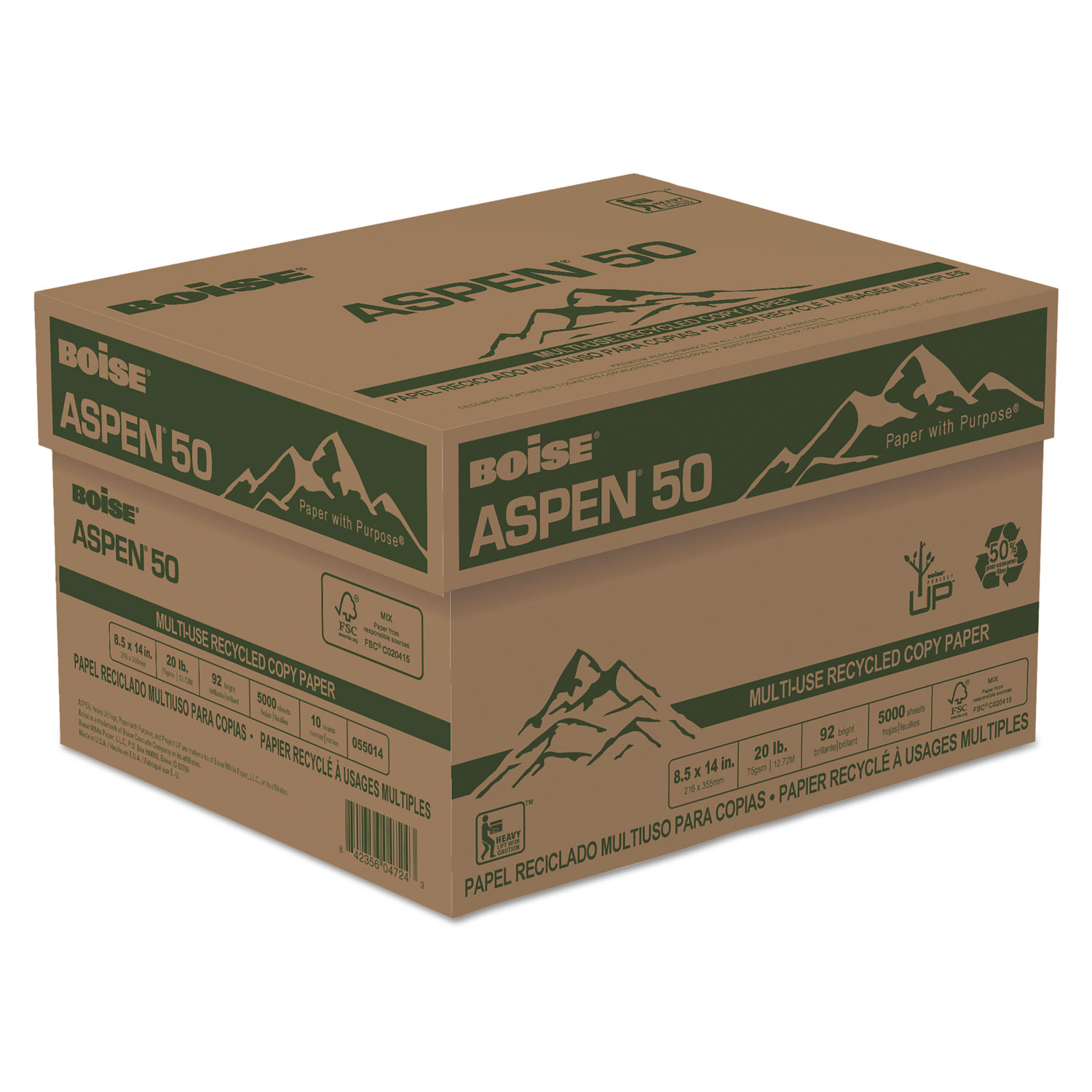  Boise 055014 ASPEN 50 Multi-Use Recycled Paper, 20 Bright, 20lb, 8.5 x 14, White, 500 Sheets/Ream, 10 Reams/Carton (CAS055014) 