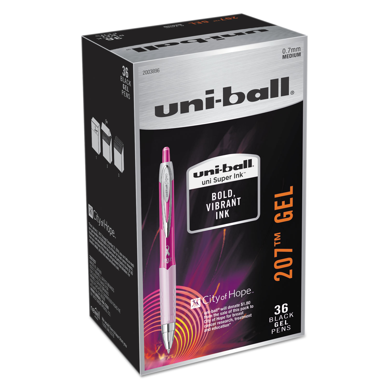  uni-ball 2003896 207 Retractable Gel Pen Office Pack, 0.7mm, Black Ink, Pink Barrel, 36/Pack (UBC2003896) 