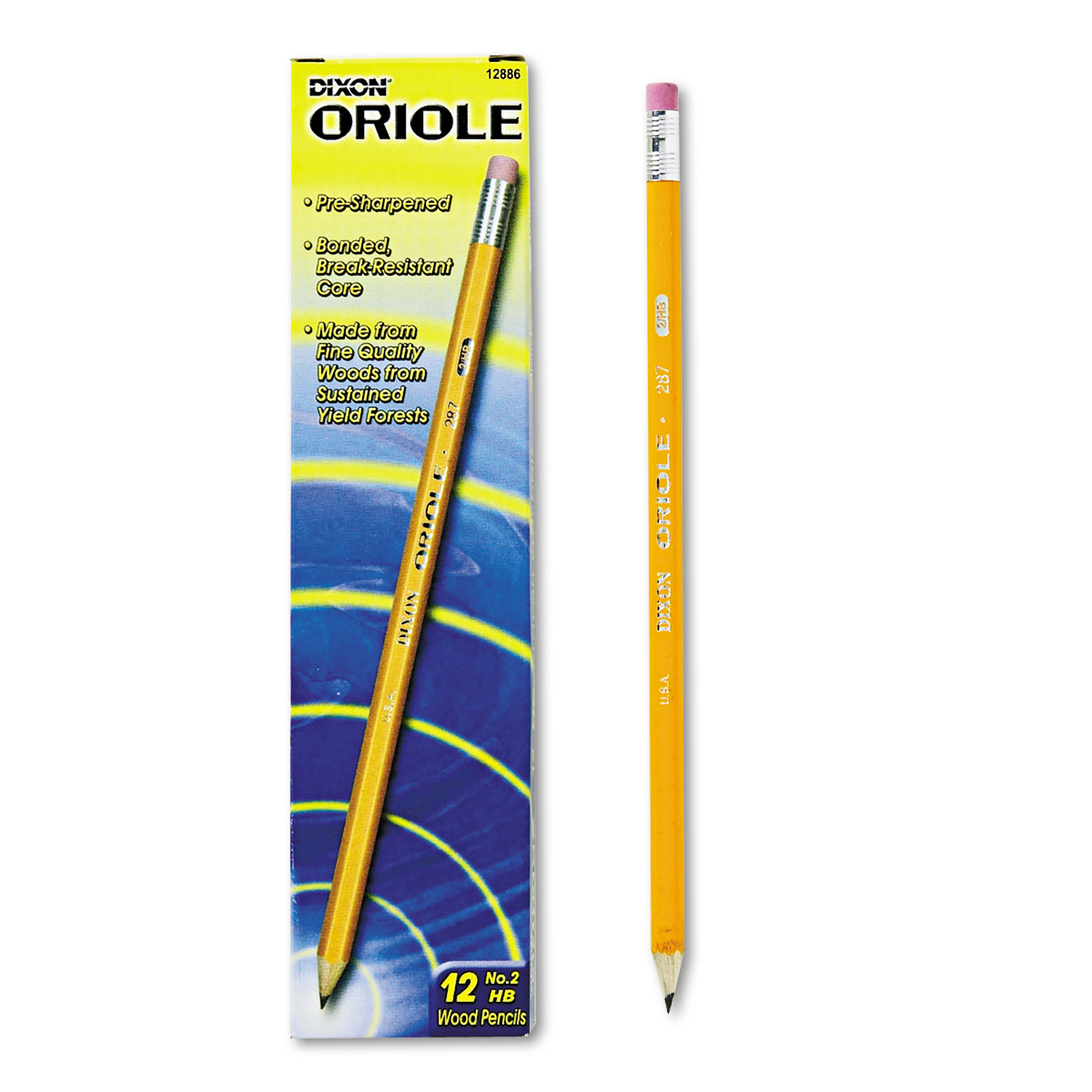  Dixon 12886 Oriole Pre-Sharpened Pencil, HB (#2), Black Lead, Yellow Barrel, Dozen (DIX12886) 