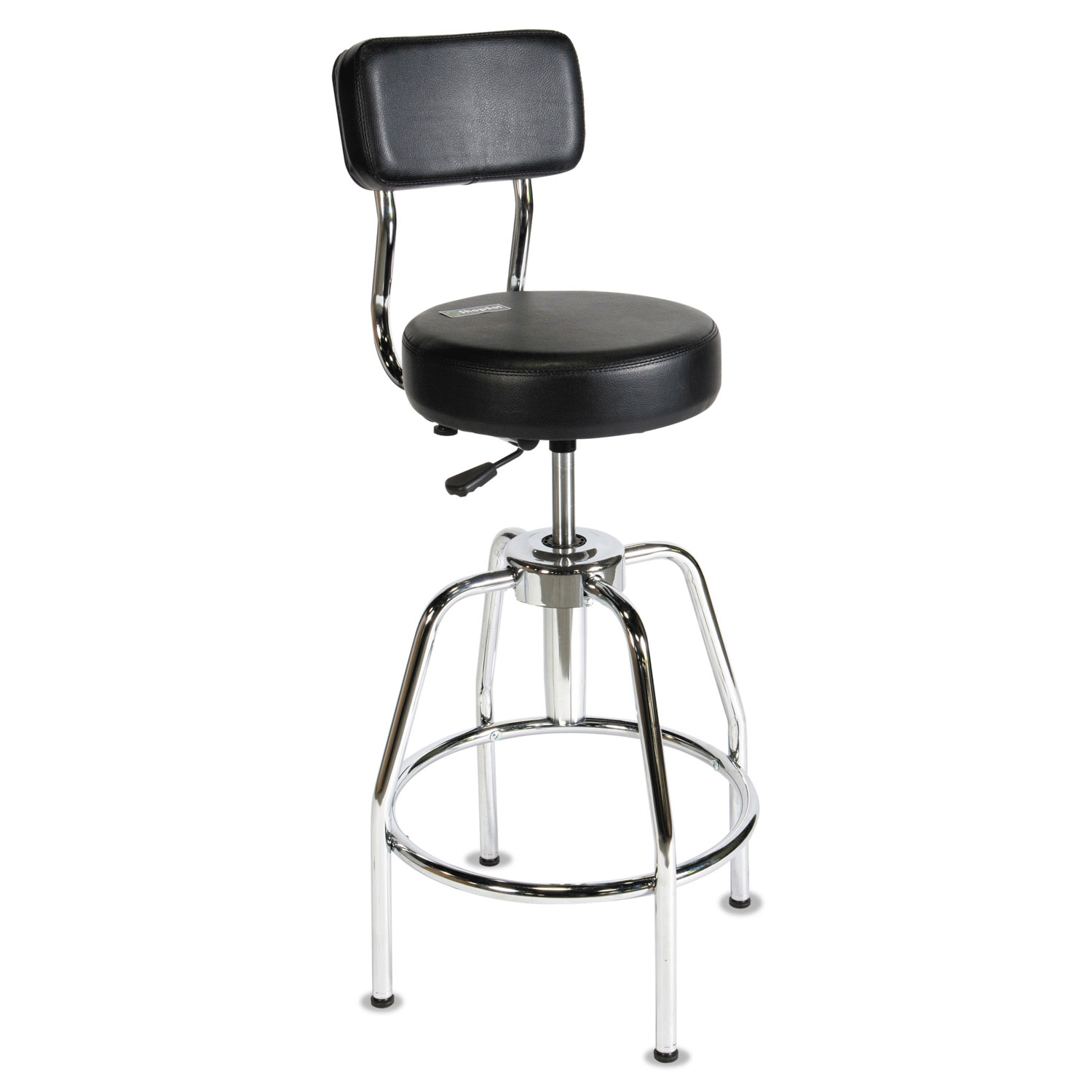 Heavy-Duty Shop Stool, 34 Seat Height, Supports up to 300 lbs., Black Seat/Black Back, Chrome Base