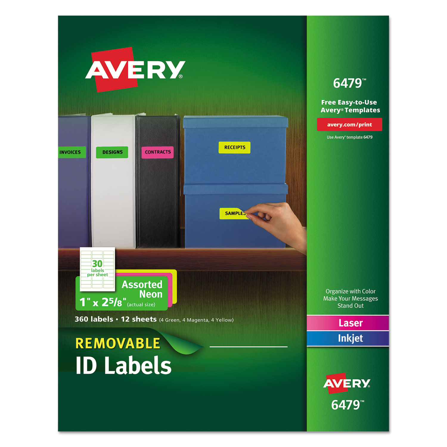  Avery 06479 High-Vis Removable Laser/Inkjet ID Labels w/ Sure Feed, 1 x 2 5/8, Neon, 360/PK (AVE6479) 