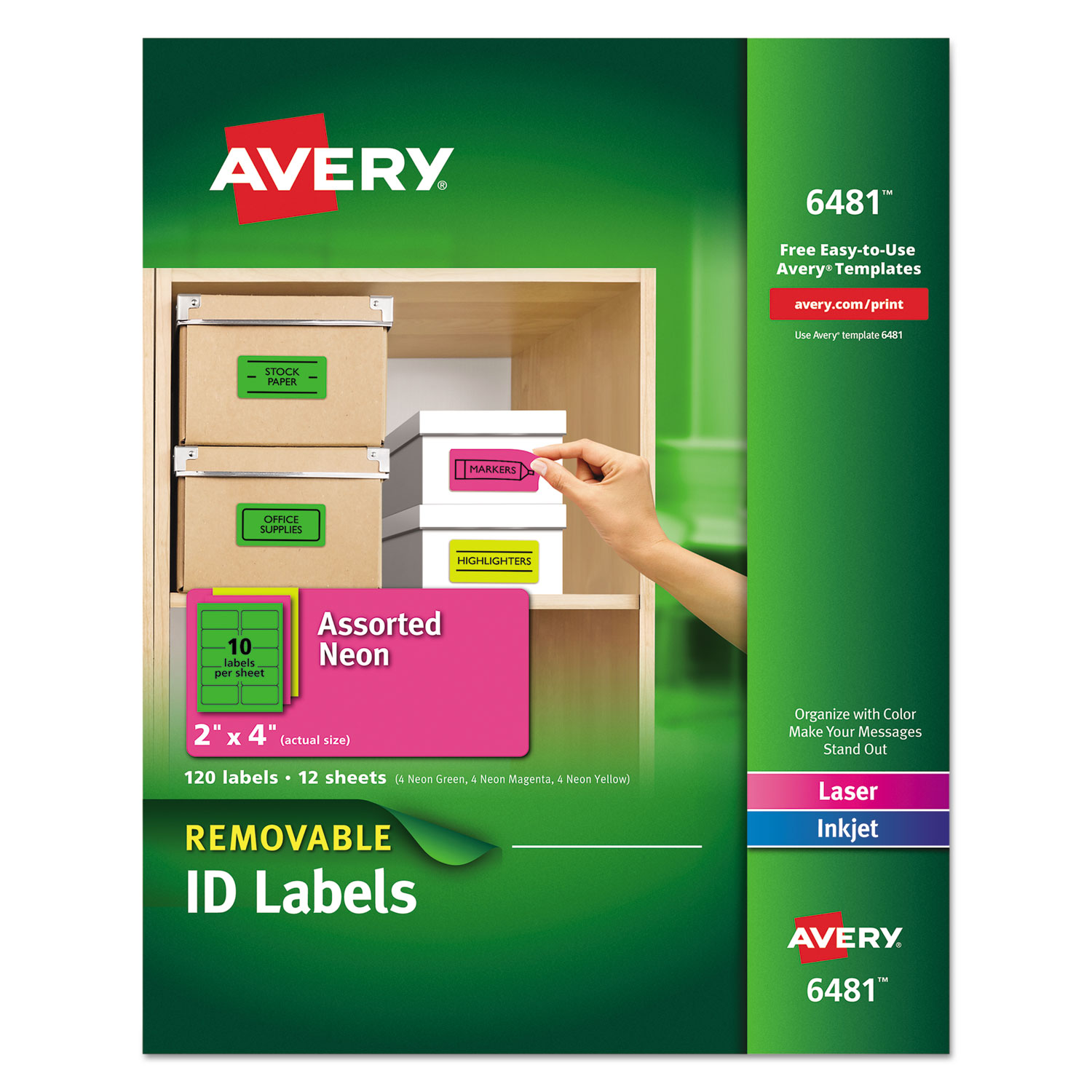  Avery 06481 High-Vis Removable Laser/Inkjet ID Labels, 2 x 4, Asst. Neon, 120/Pack (AVE6481) 