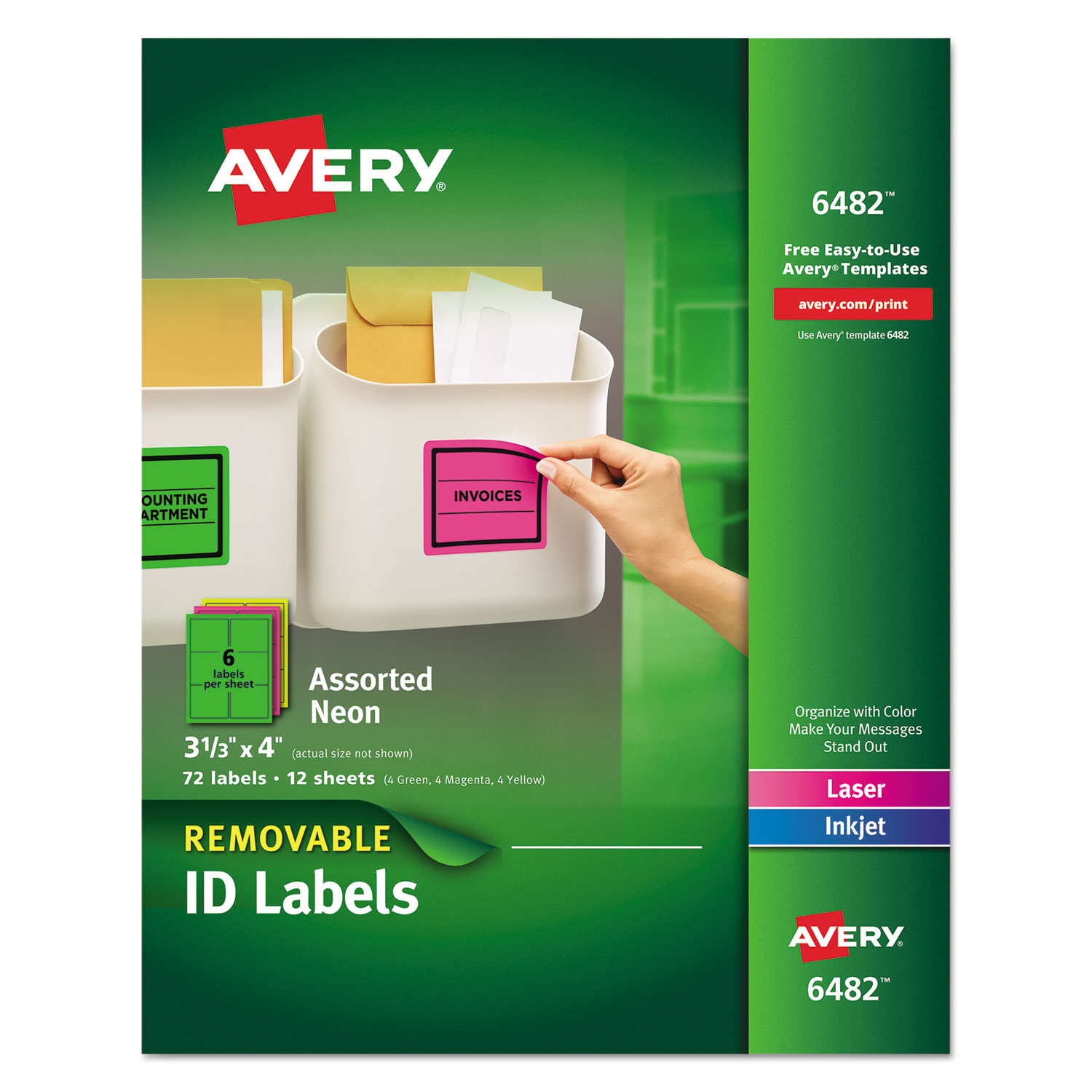  Avery 06482 High-Vis Removable Laser/Inkjet ID Labels w/ Sure Feed, 3 1/3 x 4, Neon, 72/PK (AVE6482) 