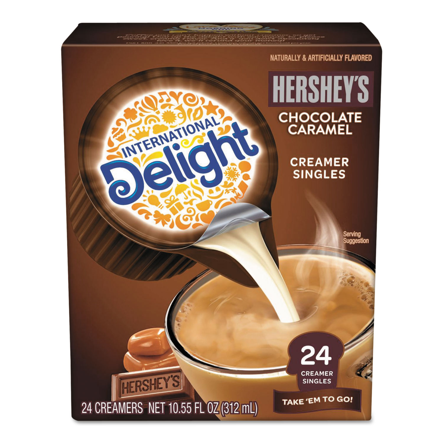 Flavored Liquid Non-Dairy Creamer, Hershey Chocolate Caramel, Mini Cups, 24/Box
