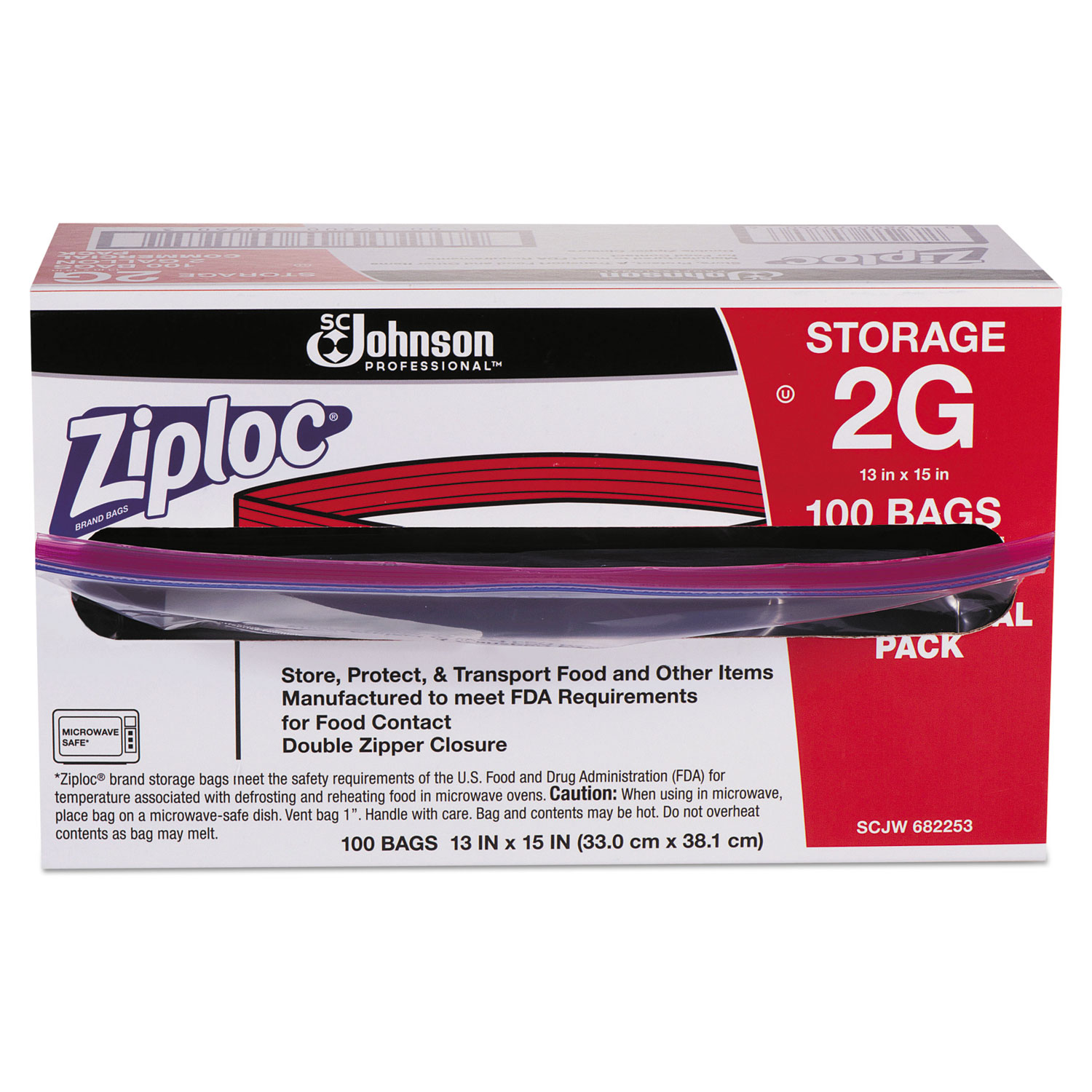  Ziploc 682253 Double Zipper Storage Bags, 2 gal, 1.75 mil, 15 x 13, Clear, 100/Carton (SJN682253) 