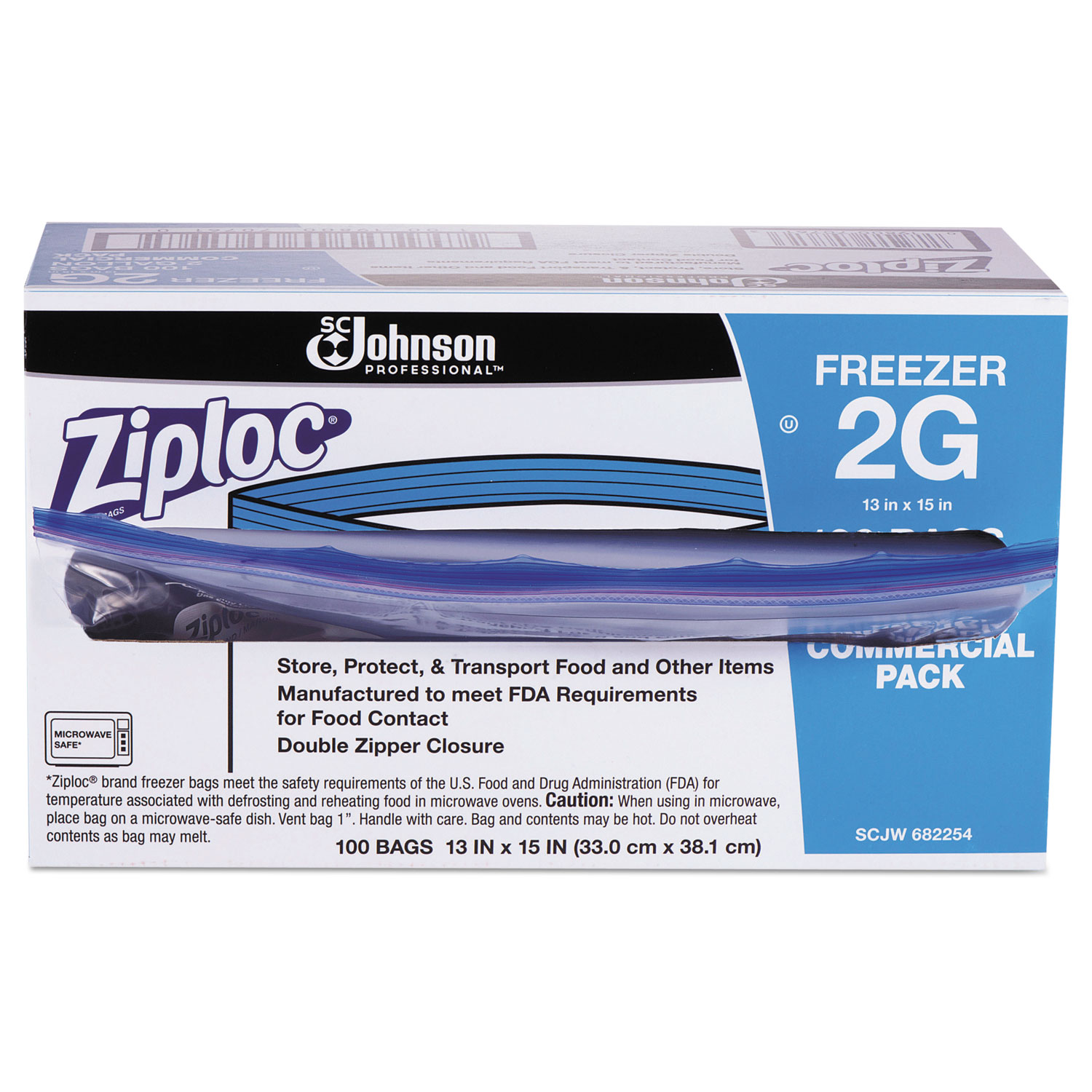  Ziploc 682254 Double Zipper Freezer Bags, 2 gal, 2.7 mil, 13 x 15.5, Clear, 100/Carton (SJN682254) 