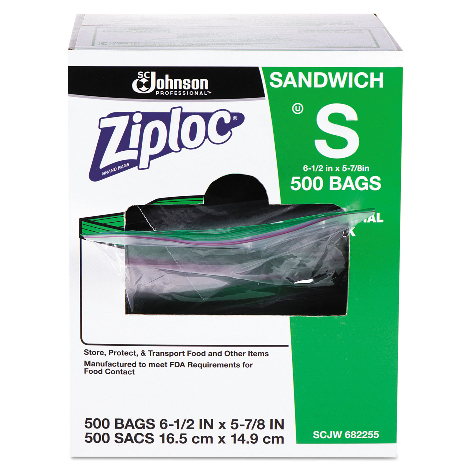  Ziploc 682255 Resealable Sandwich Bags, 1.2 mil, 6.5 x 6, Clear, 500/Box (SJN682255) 