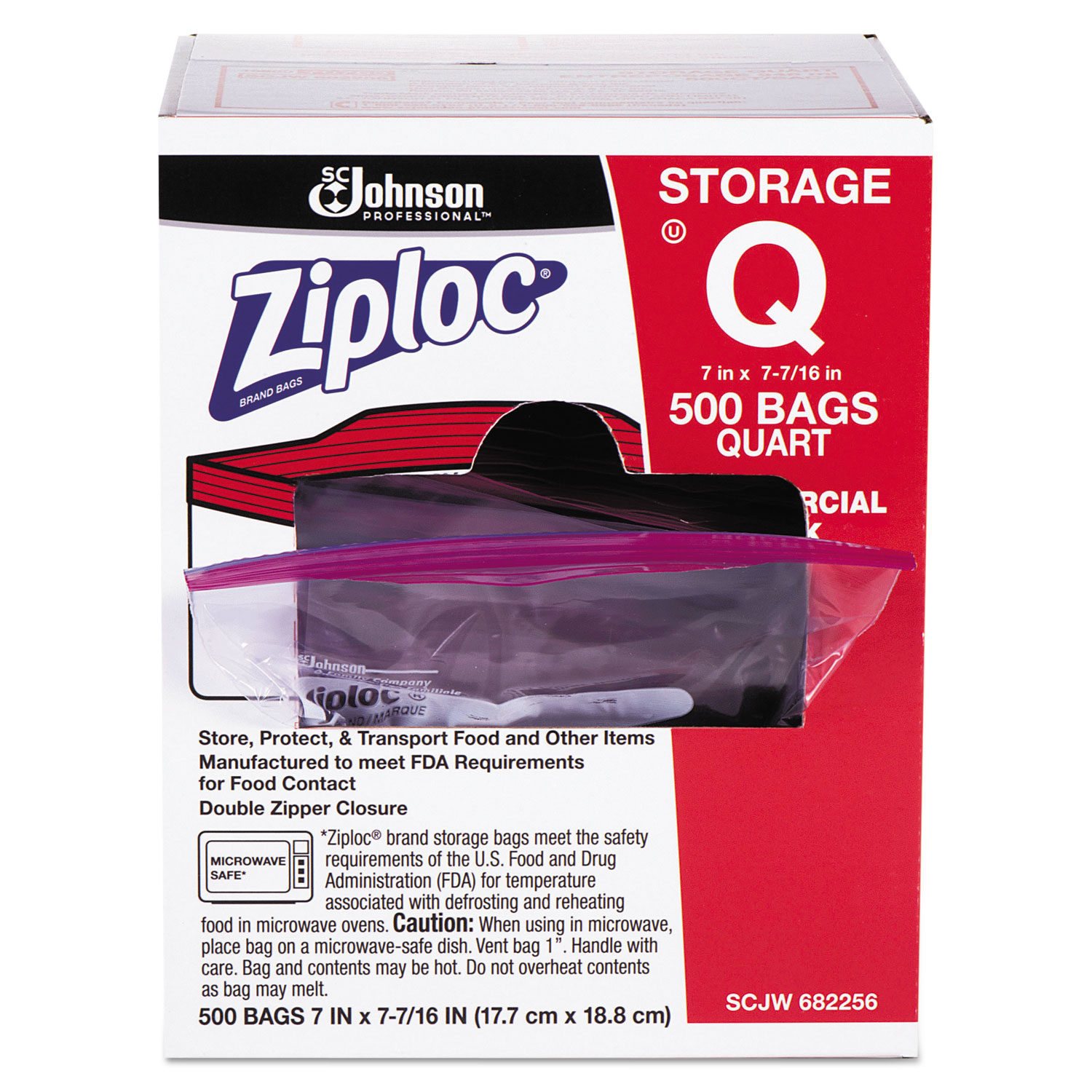  Ziploc 682256 Double Zipper Storage Bags, 1 qt, 1.75 mil, 7 x 7.75, Clear, 500/Box (SJN682256) 