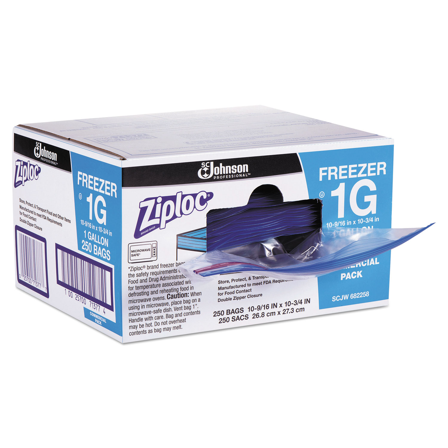 Double-Zipper Freezer Bags, 1gal, 2.7mil, Clear w/Label Panel, 250/Carton