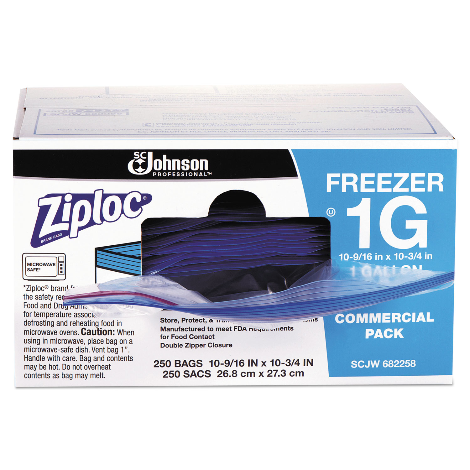  Ziploc 682258 Double Zipper Freezer Bags, 1 gal, 2.7 mil, 10.56 x 10.75, Clear, 250/Carton (SJN682258) 