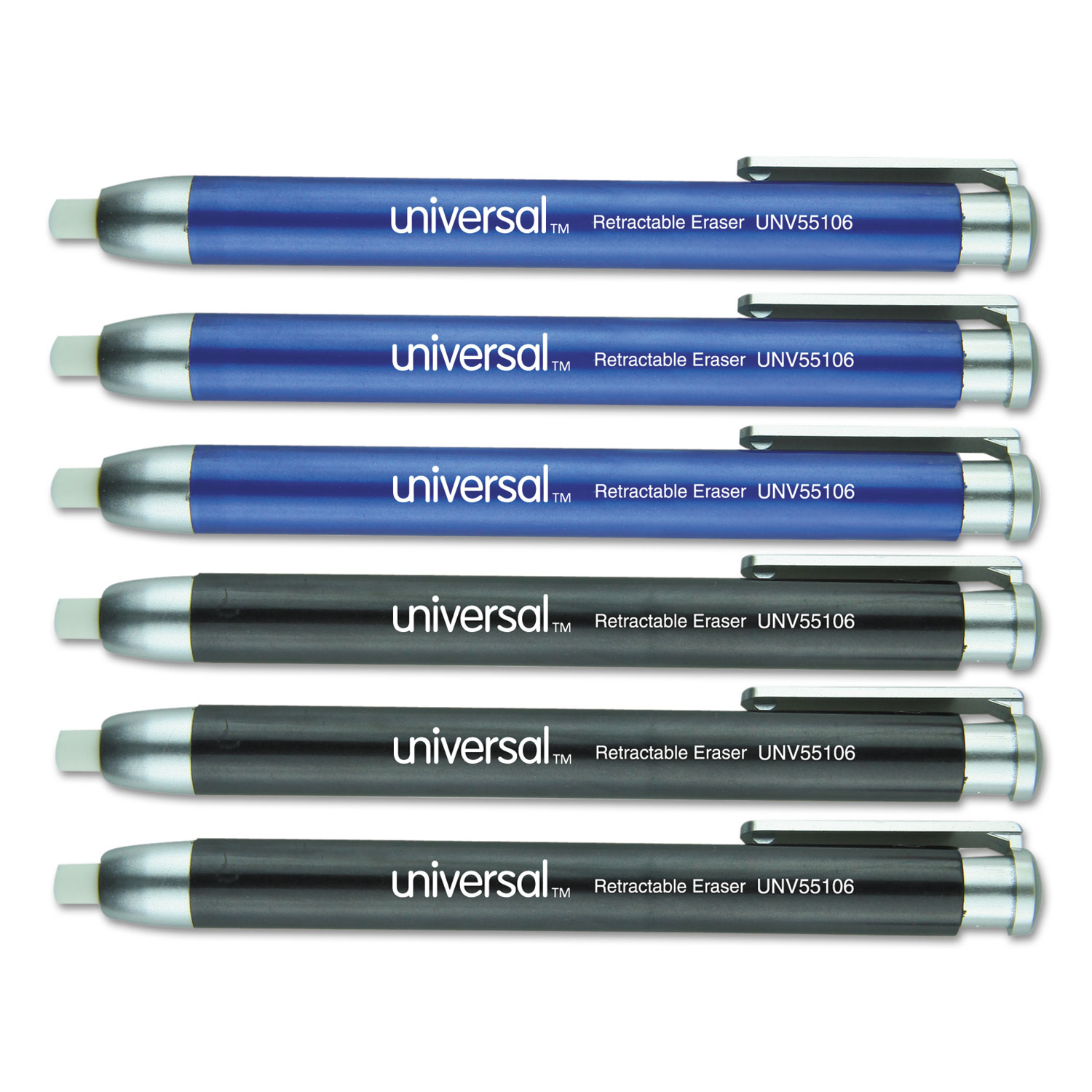  Universal UNV55106 Pen-Style Retractable Eraser, White Thermo-Plastic Rubber Eraser, Assorted Barrel Colors, 6/Pack (UNV55106) 