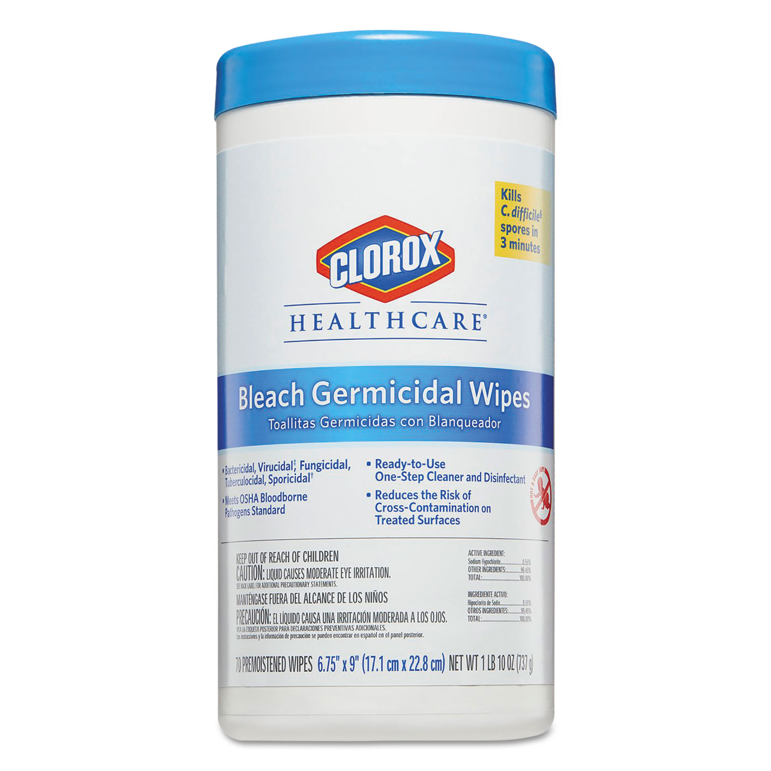  Clorox Healthcare 35309 Bleach Germicidal Wipes, 6 3/4 x 9, Unscented, 70/Canister (CLO35309) 