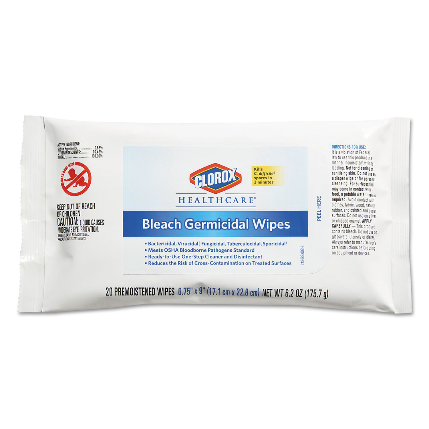 Bleach Germicidal Wipes, 6 3/4 x 9, Unscented, 20/Pack, 24 Packs/Carton