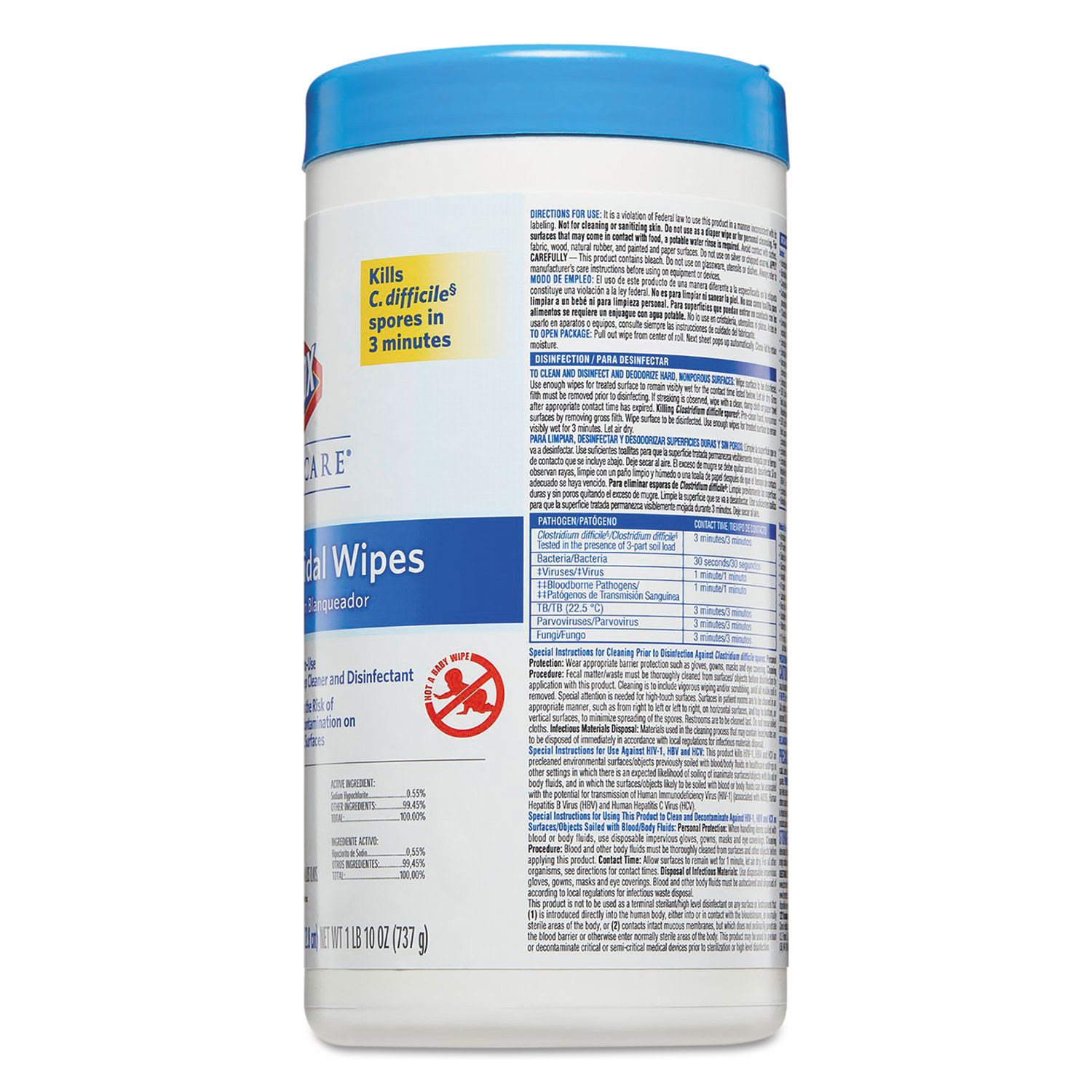 Bleach Germicidal Wipes, 6 3/4 x 9, Unscented, 70/Canister