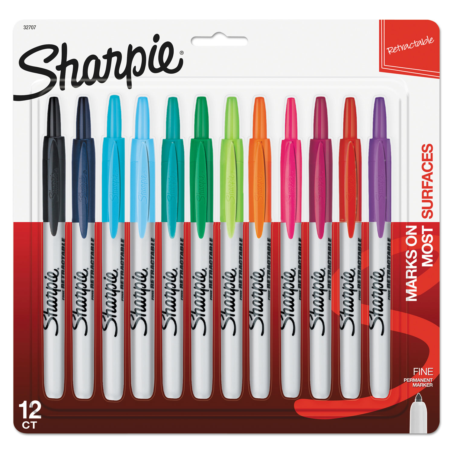  Sharpie 32707 Retractable Permanent Marker, Fine Bullet Tip, Assorted Colors, 12/Set (SAN32707) 