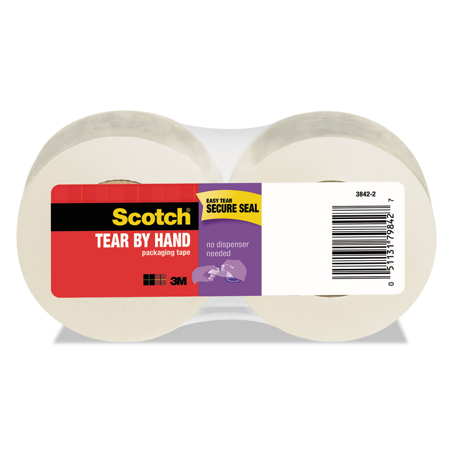  Scotch 3842-2 Tear-By-Hand Packaging Tapes, 1.5 Core, 1.88 x 50 yds, Clear, 2/Pack (MMM38422) 
