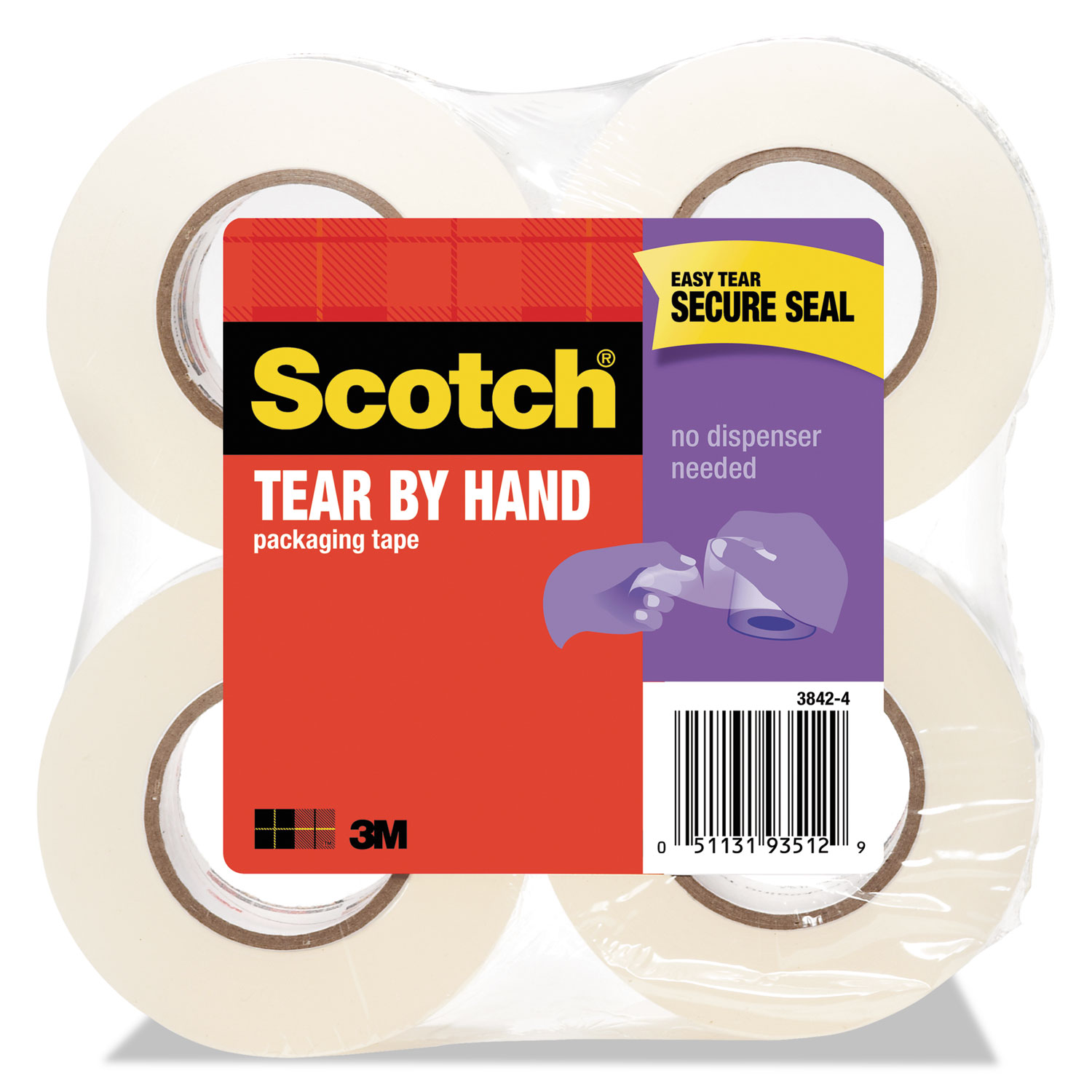  Scotch 3842-4 Tear-By-Hand Packaging Tapes, 1.5 Core, 1.88 x 50 yds, Clear, 4/Pack (MMM38424) 