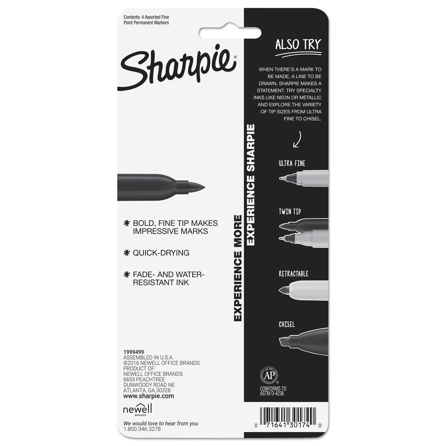 Mixed Point Size Permanent Markers, Assorted Tip Sizes/Types, Black, 6/Pack