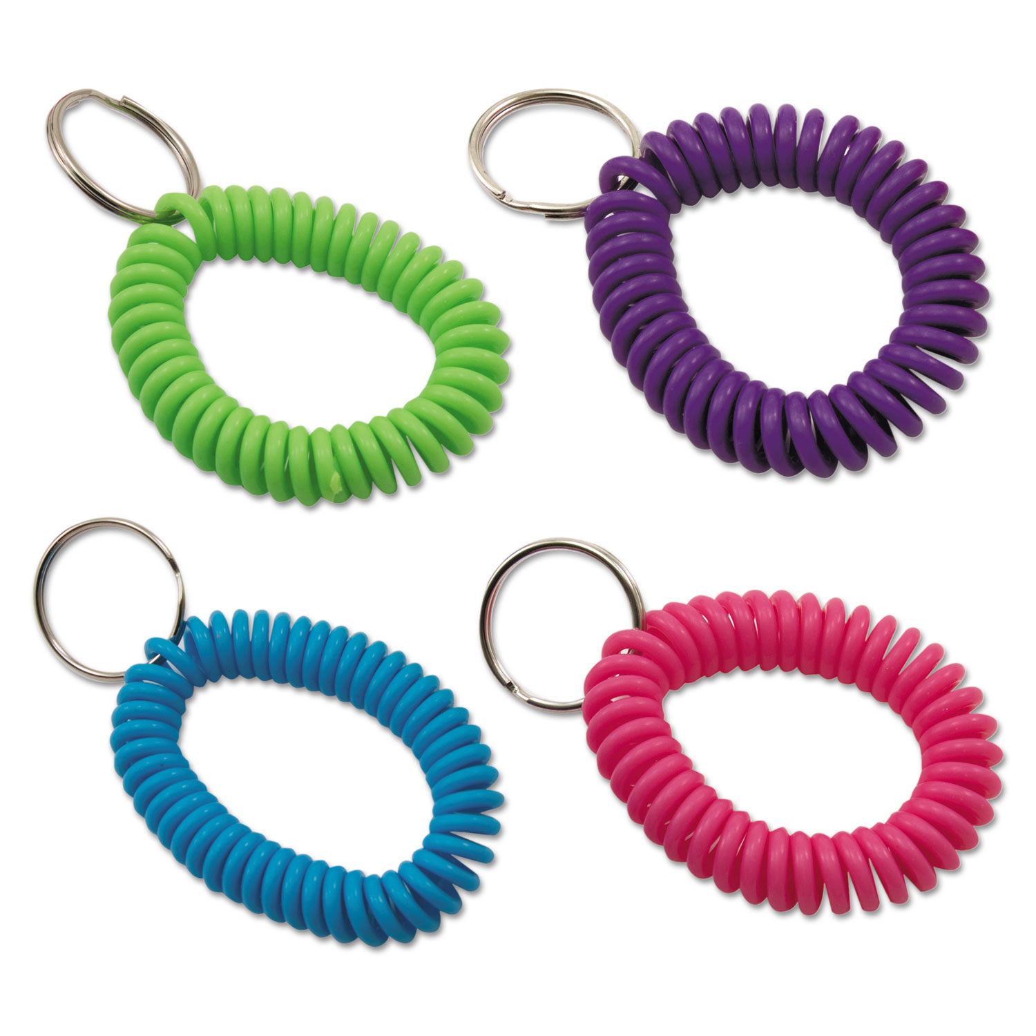 Spiral Key Chain, Plastic, Blue/Green/Pink/Purple, 4/Pack