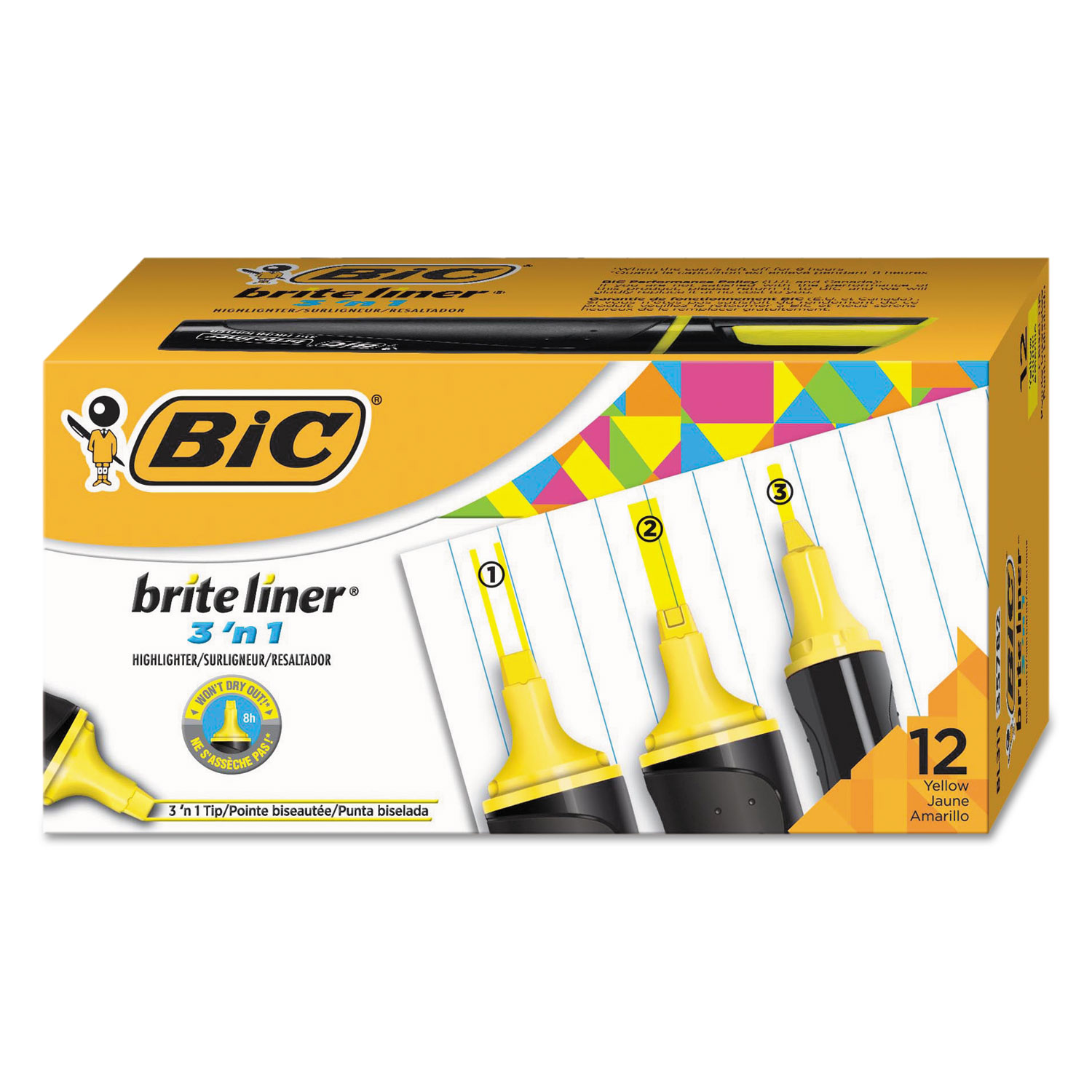  BIC BL311-YEL Brite Liner 3 'n 1 Highlighters, 3 'n 1 Chisel Tip, Yellow, Dozen (BICBL311YEL) 