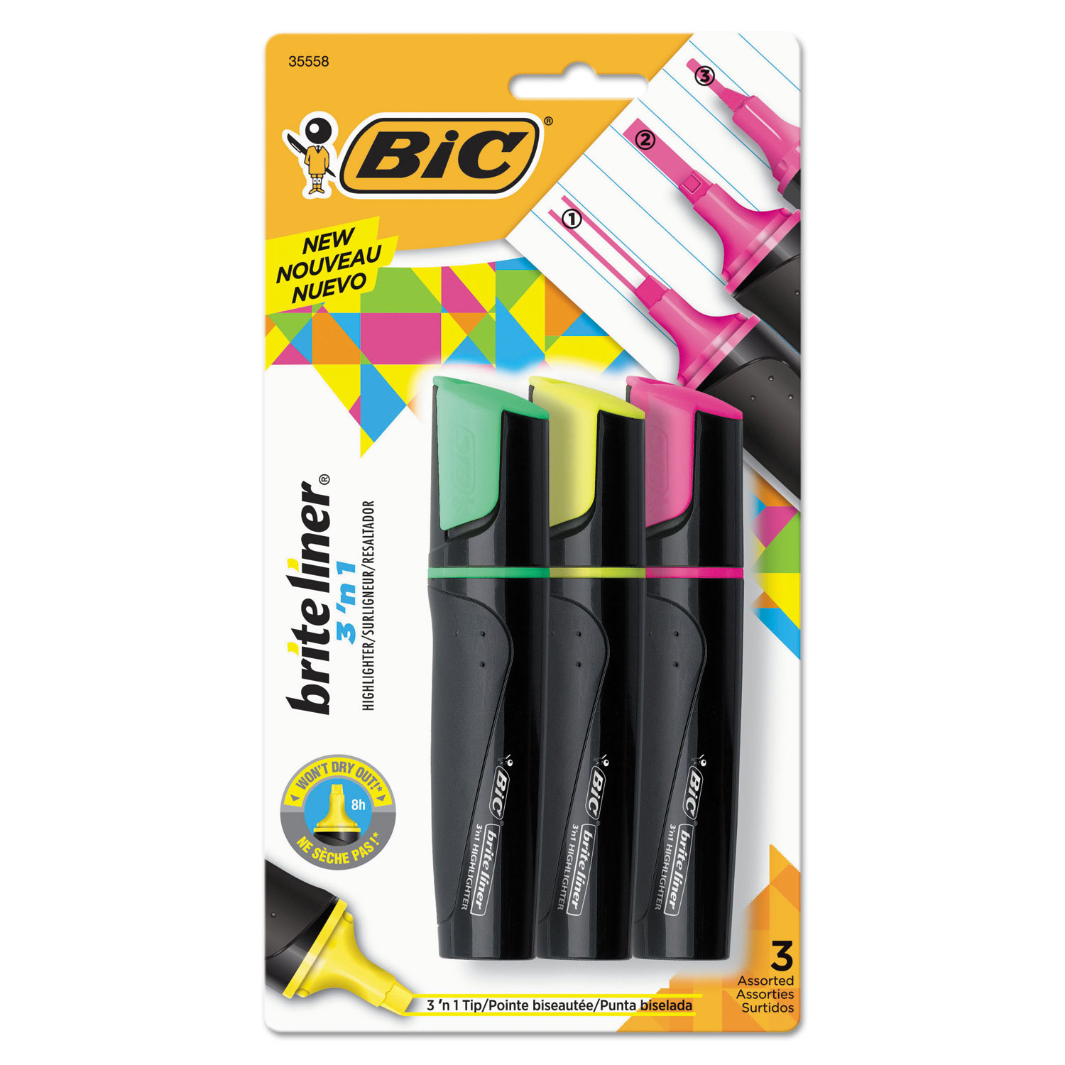  BIC BL3P31-AST Brite Liner 3 'n 1 Highlighters, 3 'n 1 Chisel Tip, Assorted Colors, 3/Set (BICBL3P31AST) 
