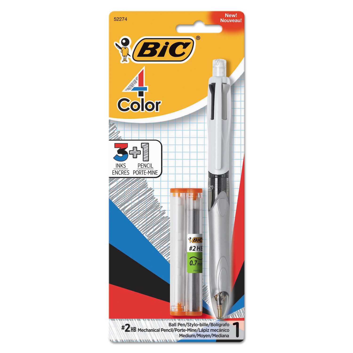  BIC MMLP1-AST 3 + 1 Retractable Ballpoint Pen/Pencil, Black/Blue/Red Ink, Gray/White Barrel (BICMMLP1AST) 