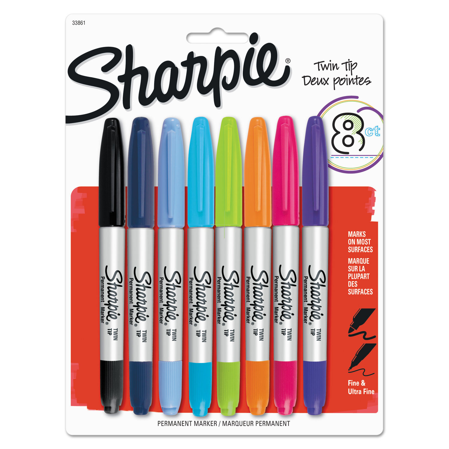  Sharpie 33861PP Twin-Tip Permanent Marker, Fine/Extra-Fine Bullet Tip, Assorted Colors, 8/Set (SAN33861PP) 