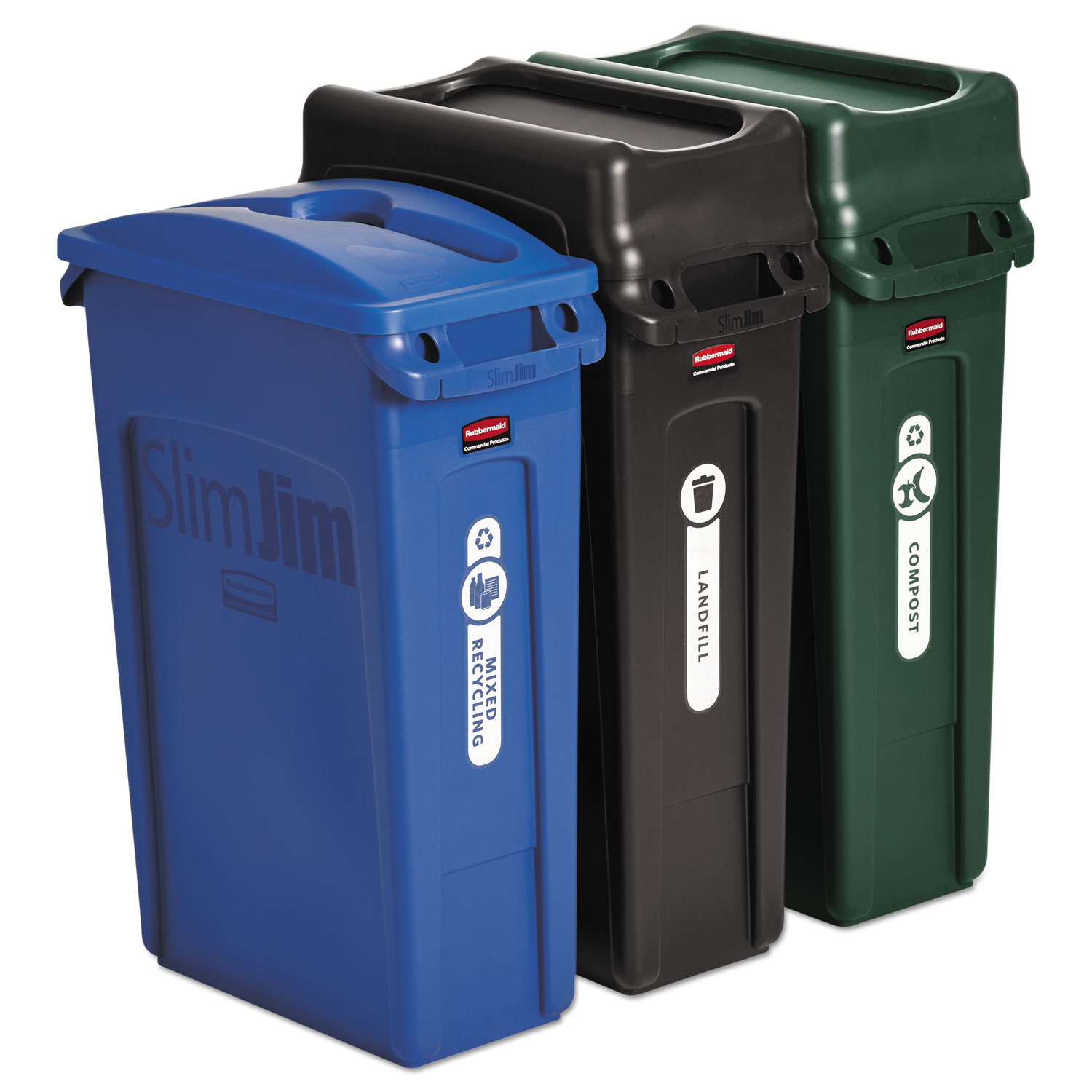  Rubbermaid Commercial 1998897 Slim Jim Recycling Container, Rectangular, 23 gal, Black/Blue/Green (RCP1998897) 