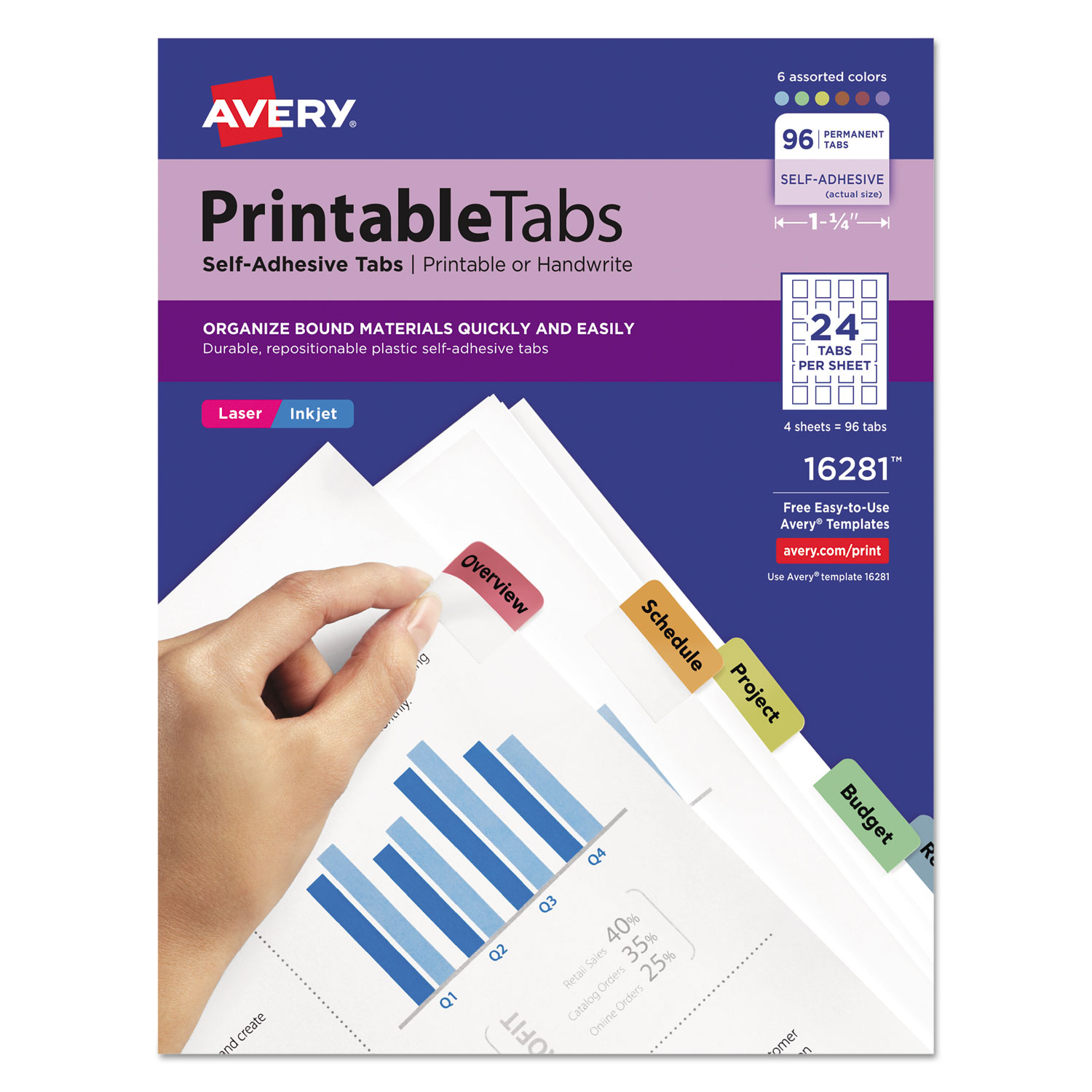 Avery 16281 Printable Plastic Tabs with Repositionable Adhesive, 1/5-Cut Tabs, Assorted Colors, 1.25 Wide, 96/Pack (AVE16281) 
