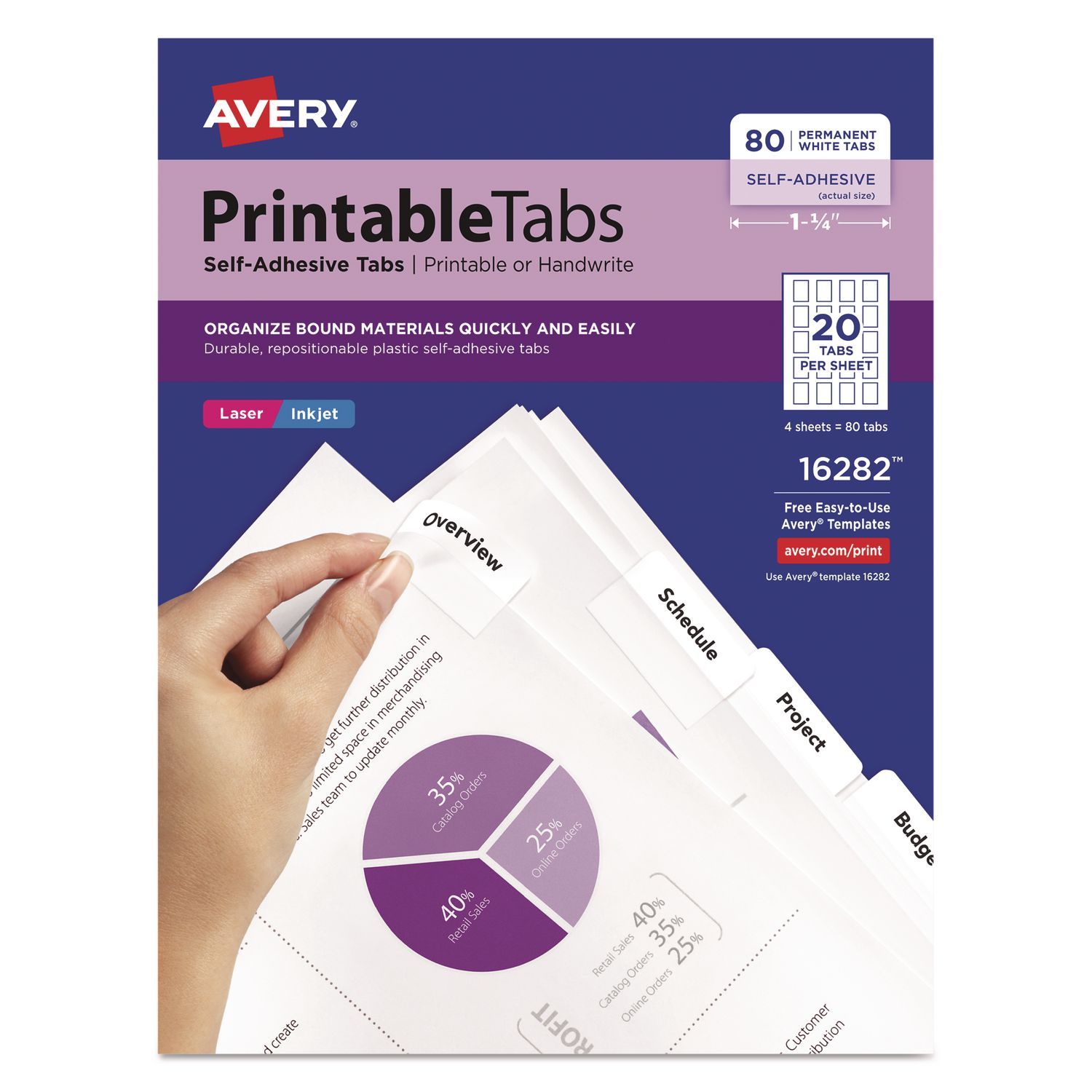 Printable Plastic Tabs with Repositionable Adhesive, 1/5-Cut, White, 1.75"  Wide, 80/Pack - Hobby Office Corp