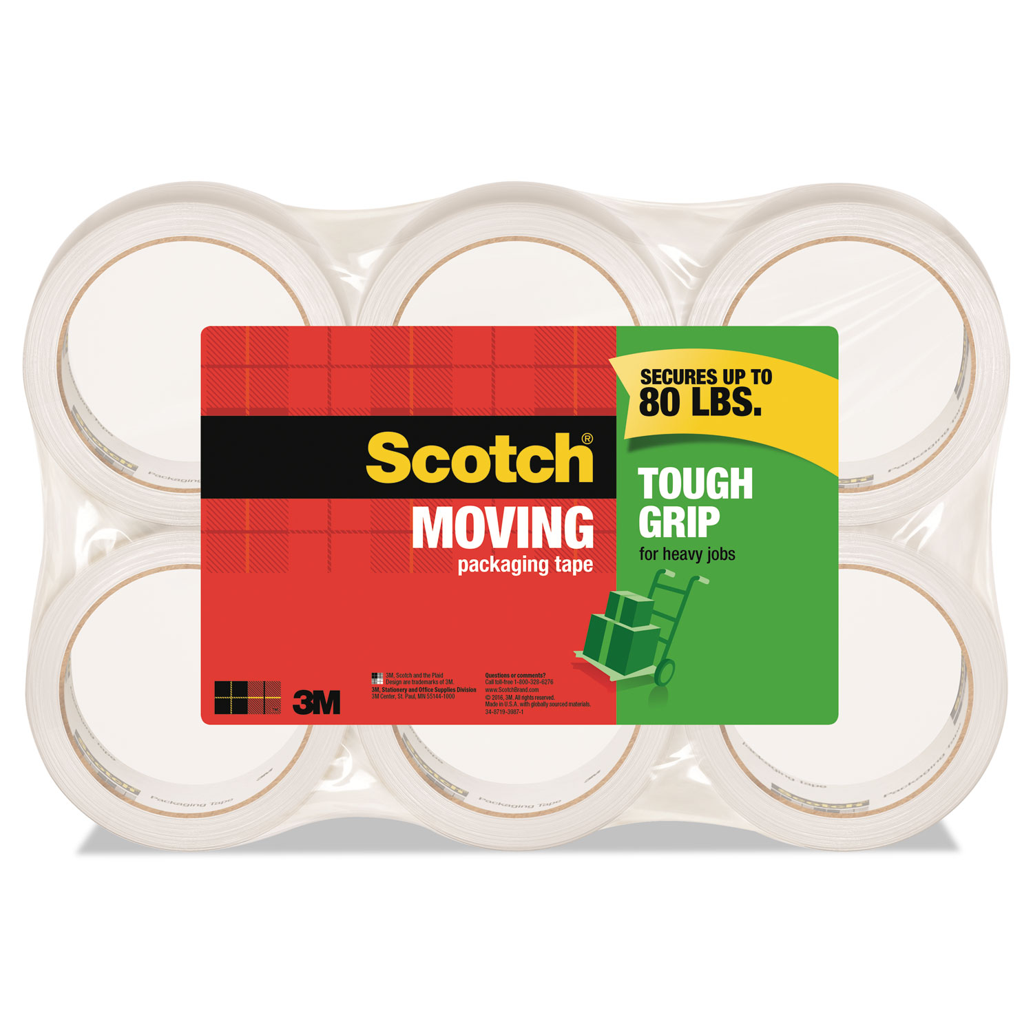  Scotch 3500-6-ESF Tough Grip Moving Packaging Tape, 3 Core, 1.88 x 54.6 yds, Clear, 6/Pack (MMM35006ESF) 
