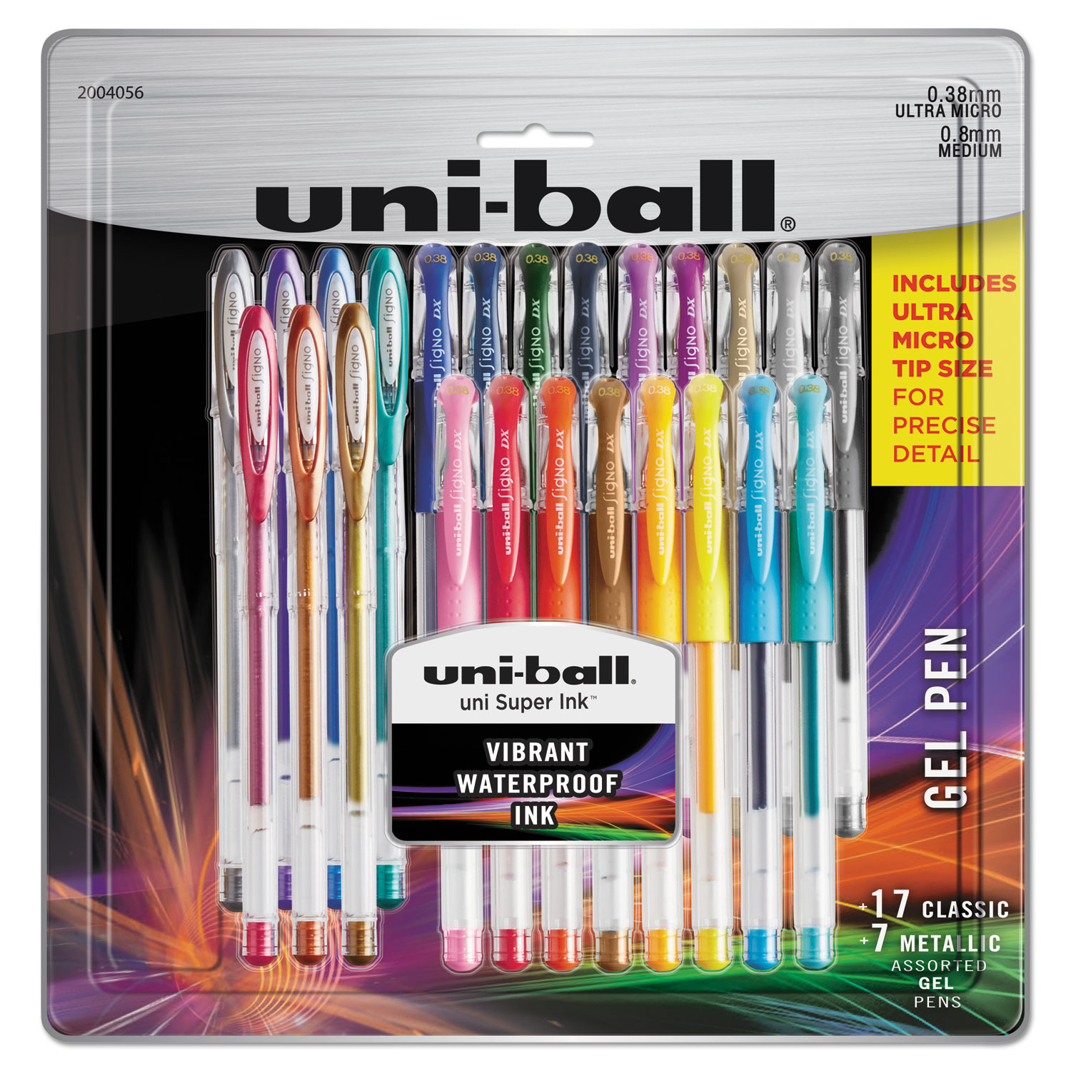  uni-ball 2004056 Stick Gel Pen, 17 Micro; 7 Med, Assorted Ink, Clear Barrel, 24/Set (UBC2004056) 