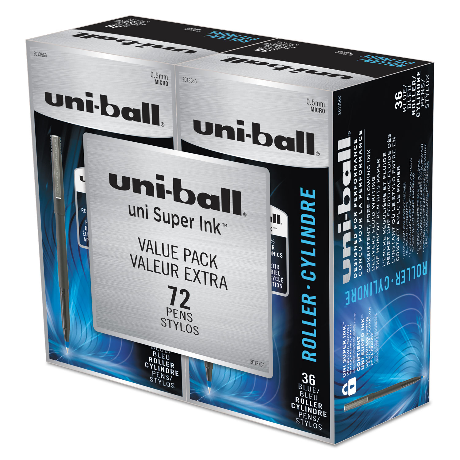 uni-ball 2013566 Stick Roller Ball Pen, Micro 0.5mm, Blue Ink, Black Barrel, 72/Pack (UBC2013566) 