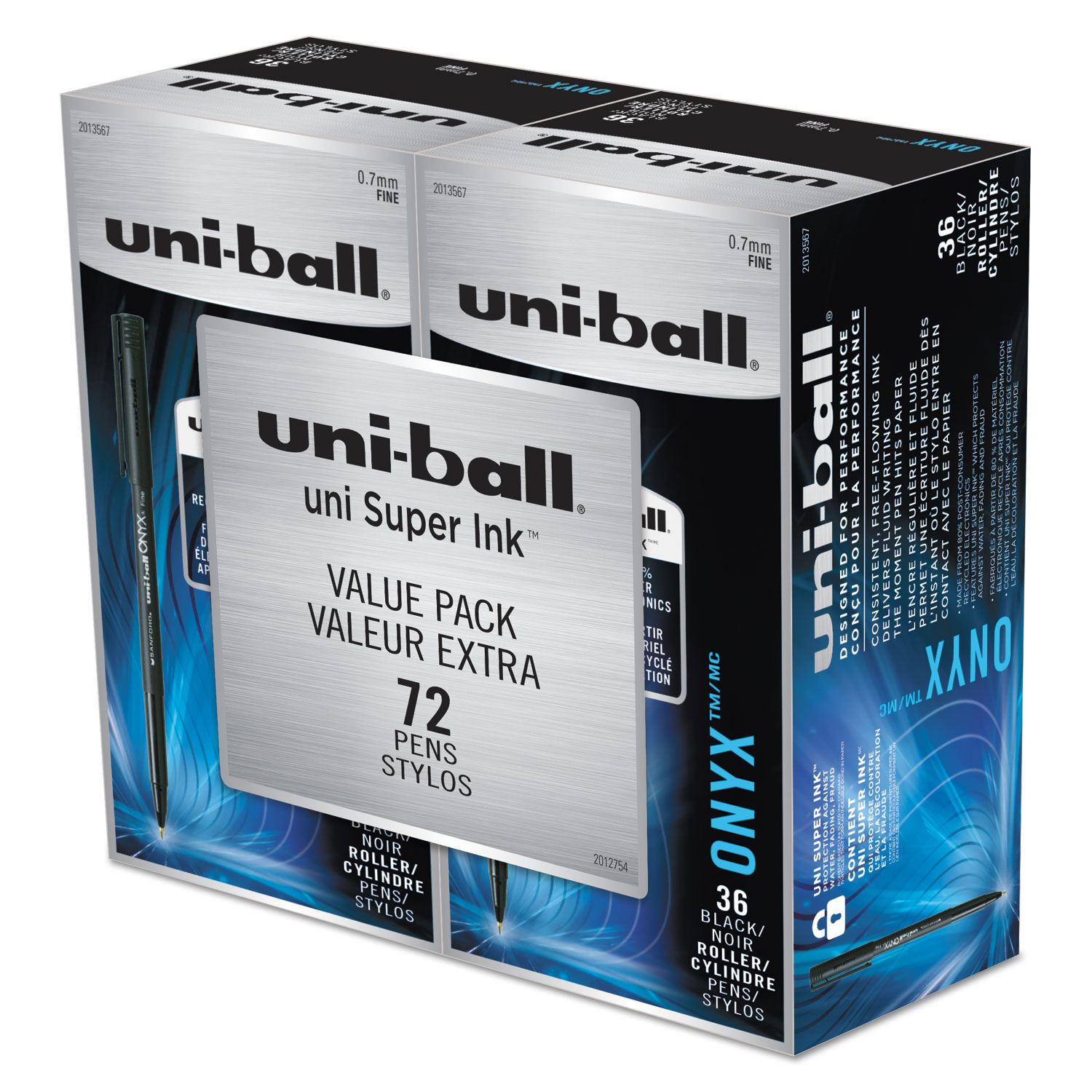  uni-ball 2013567 ONYX Stick Roller Ball Pen, Fine 0.7mm, Black Ink, Black Matte Barrel, 72/Pack (UBC2013567) 
